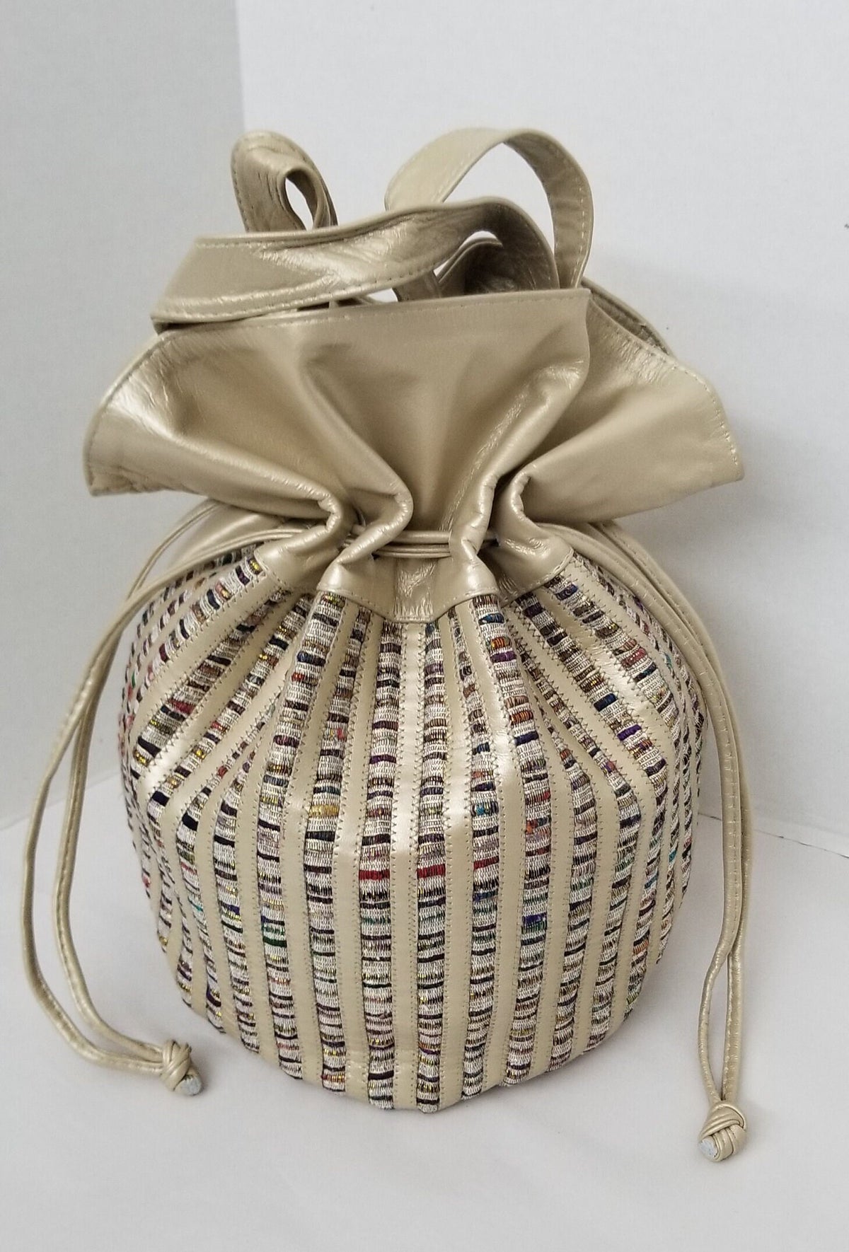 Champagne Genuine Leather Drowsting Bag, Zigzag Design, Made in USA