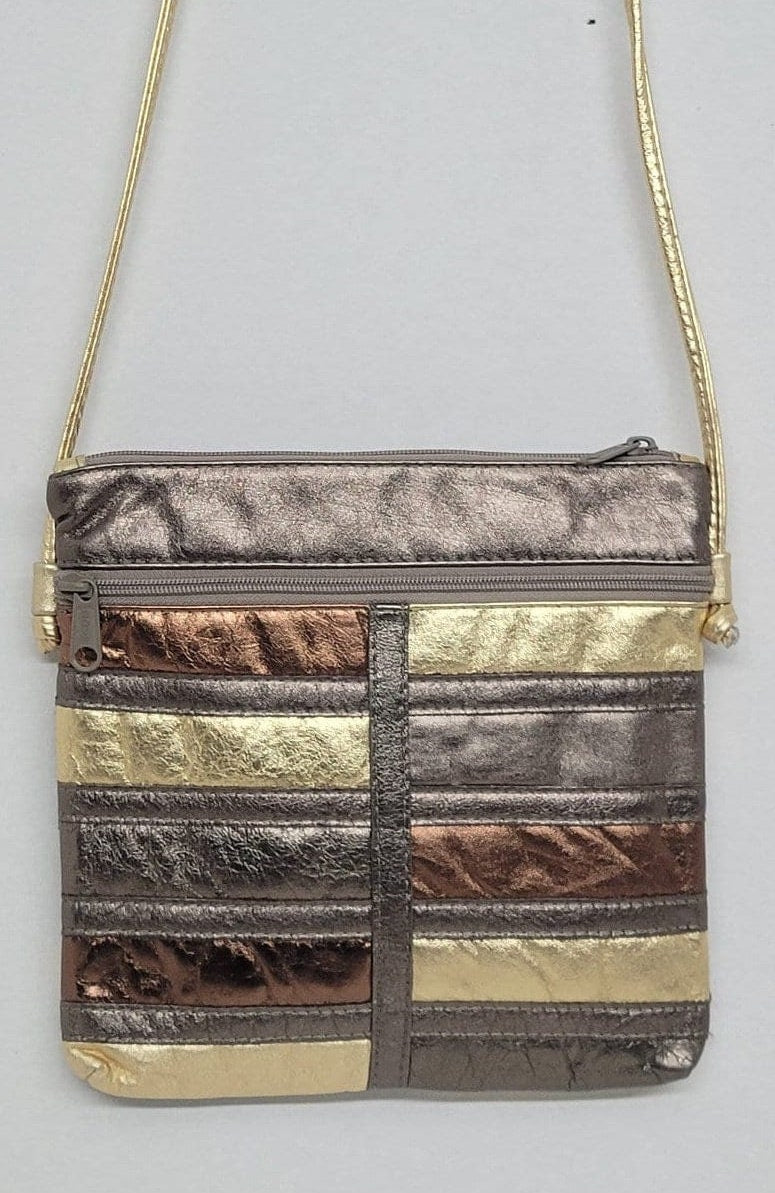Tritone Genuine Matalic Leather crossbody Purse Style #Tr305Tri. Universal Use. Made In USA.
