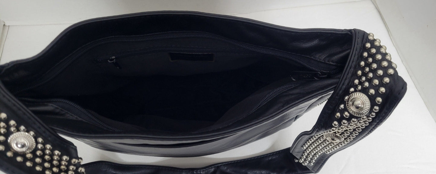 Tejrasila-Gorgeous Black Leather Handbag! Black with silver Button & nilhads studs Empire State Design on Shoulder. Style #TR8003NHBS