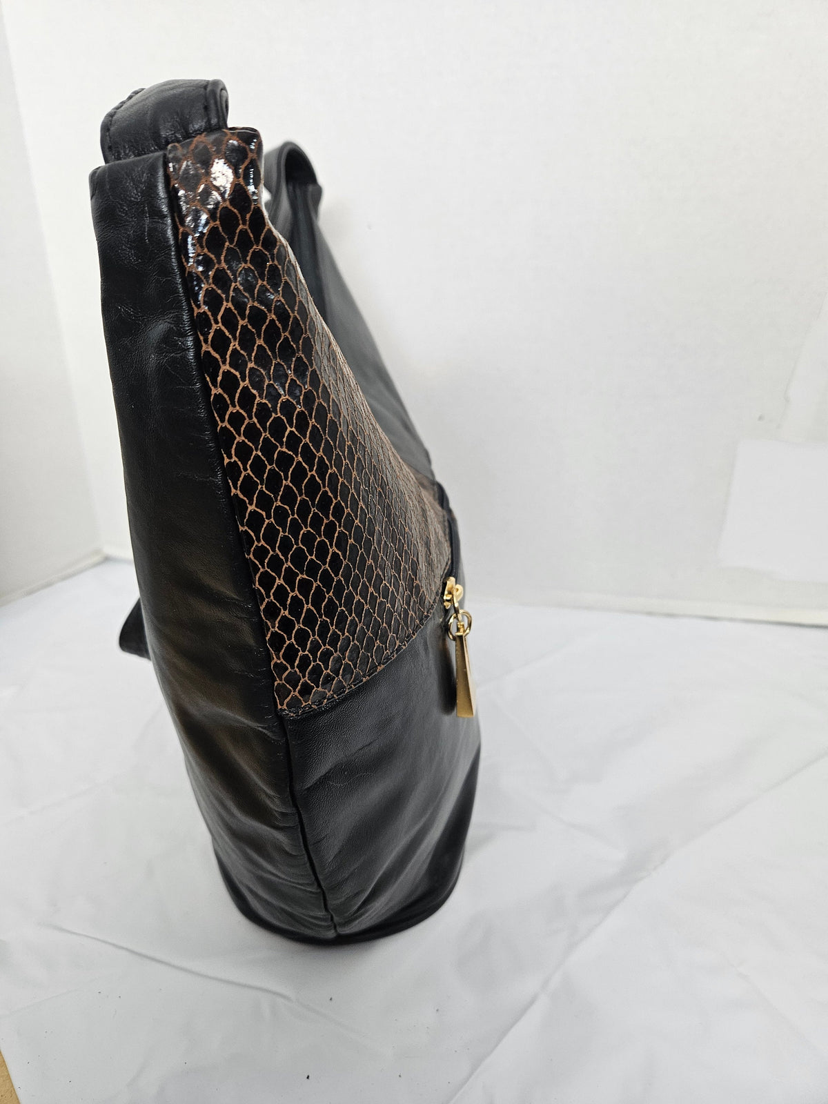 Black with Brown snake skin print Leather handbag#Tr8004bk/br/ssp for women!Made In USA!