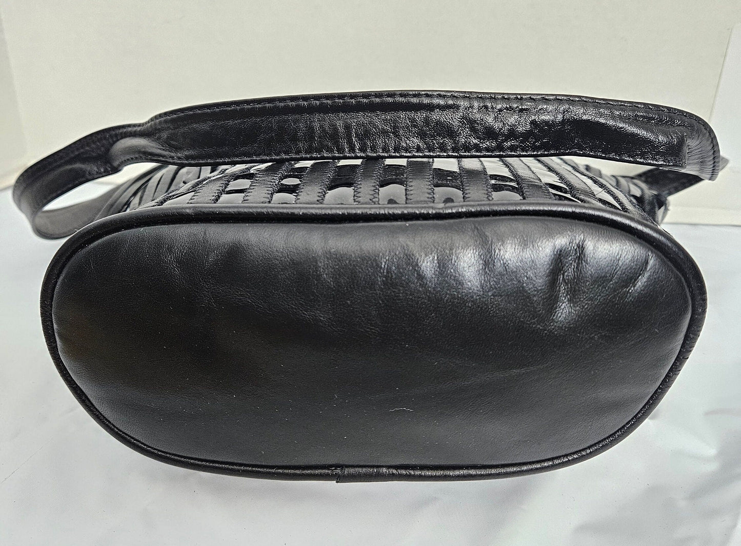 Leather Shoulder Handbag for women. Black with Patton Stripe Zigzag Design on front side only. Made In USA!