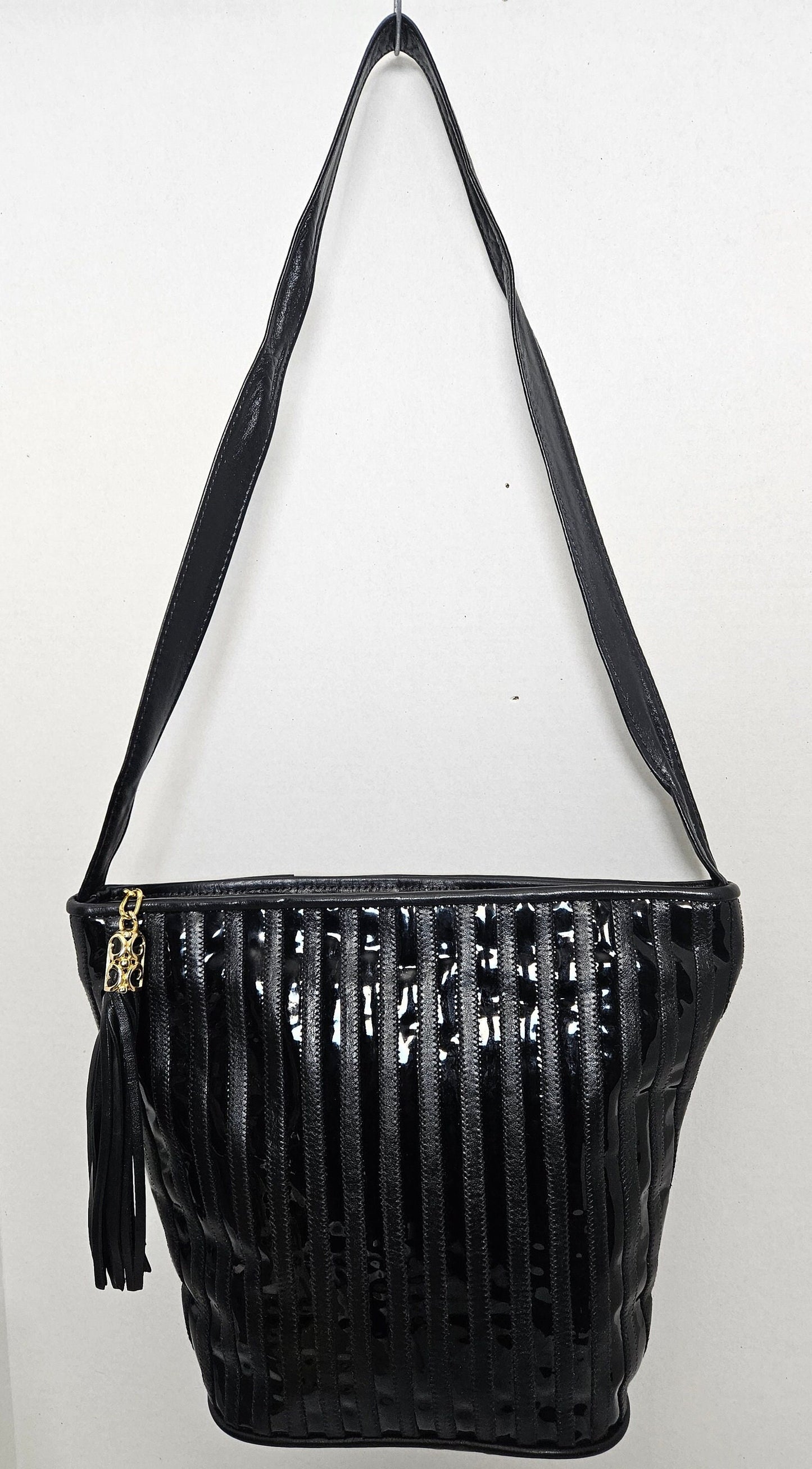 Leather Shoulder Handbag for women. Black with Patton Stripe Zigzag Design on front side only. Made In USA!