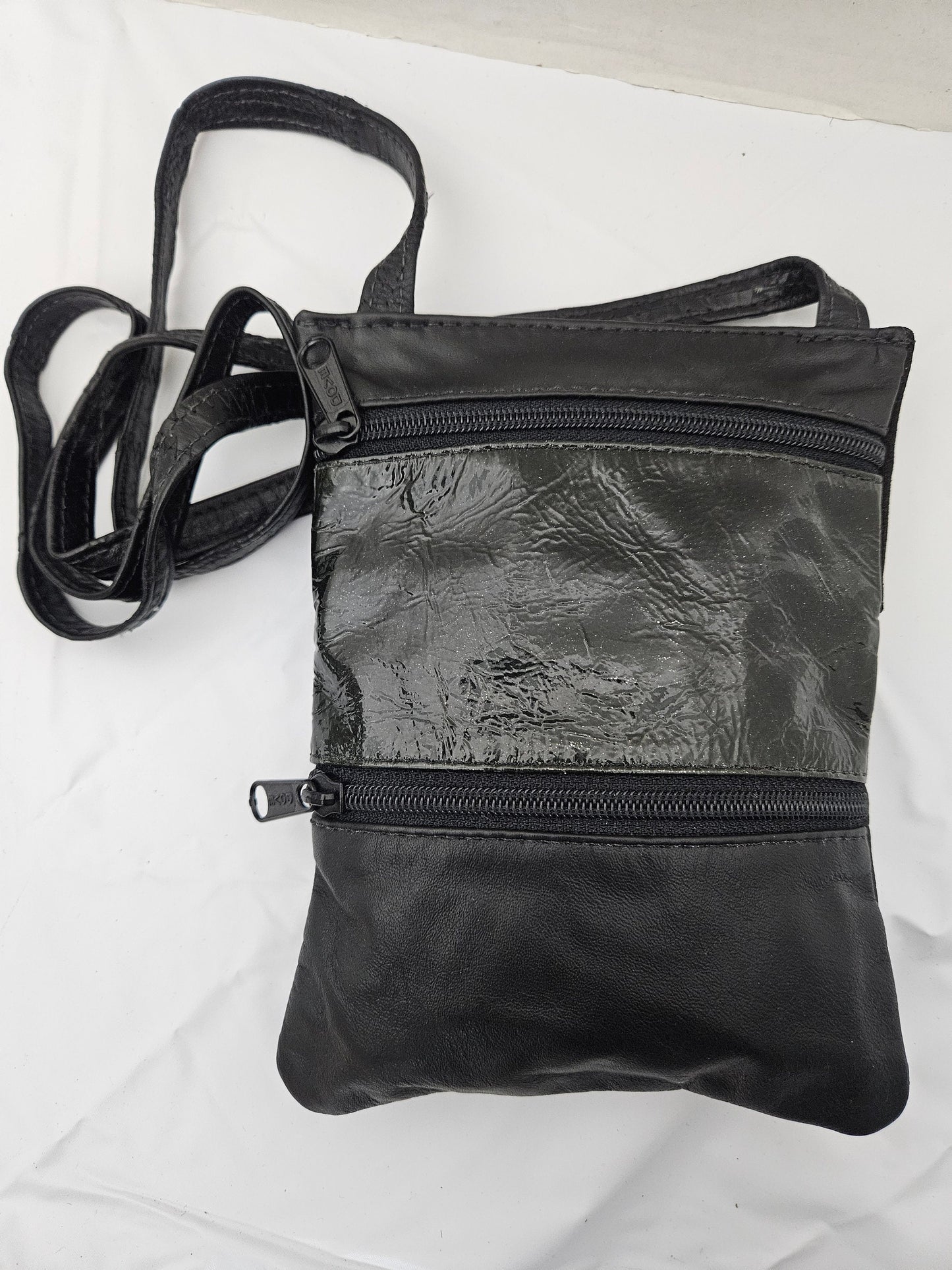 Black Patton Leather Travel Crossbody Bag, Handmade USA