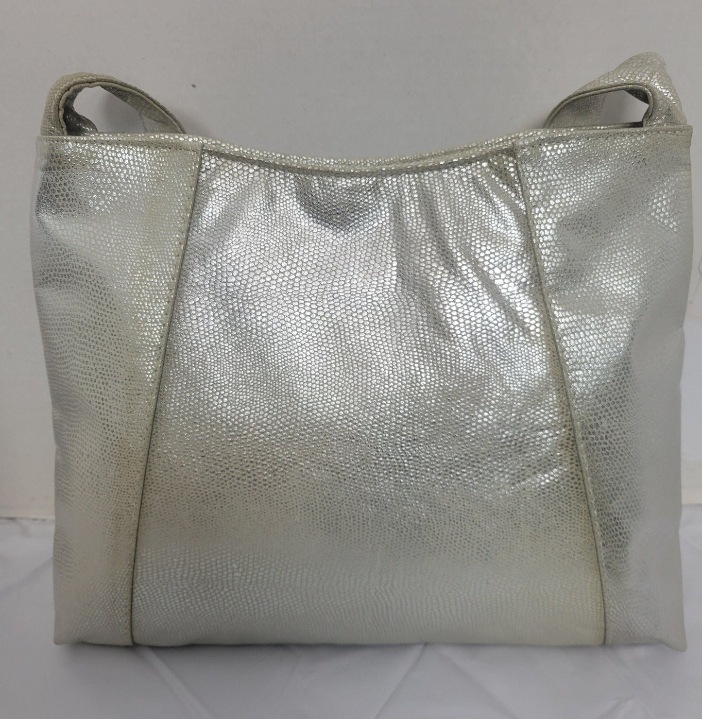 Silver Two Tone Print Leather Handbag! Two left and right pockets. Made in USA.