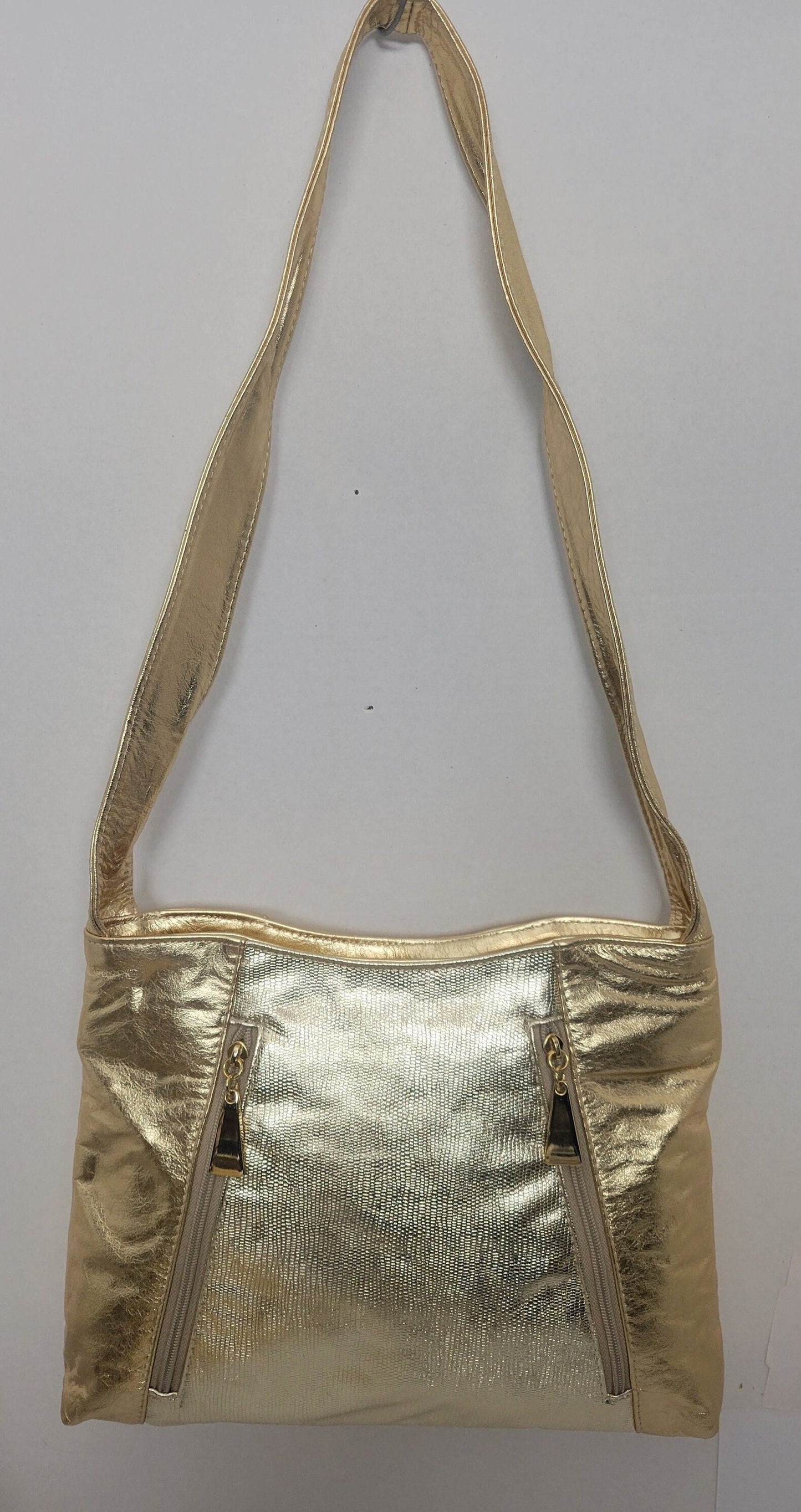 Shining Gold plan with Print Leather Handbag! Two Left and Right Pockets. Made in USA.