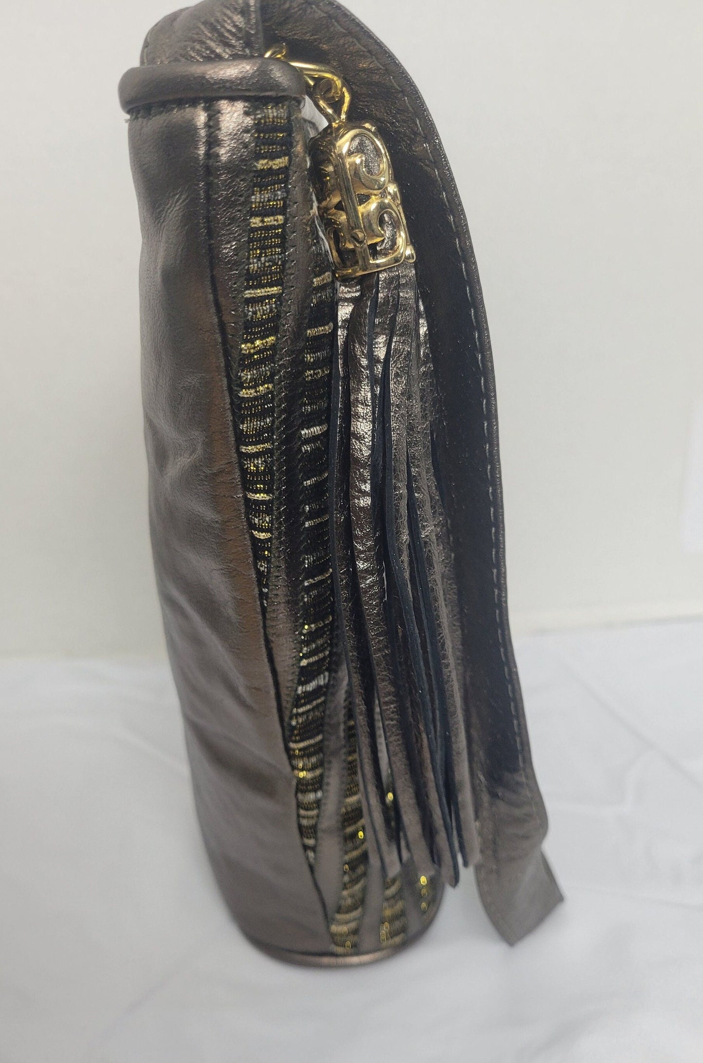 Pewter with pewter Zigzag design Leather Shoulder Handbag for women. Zigzag Design on front side only. Made In USA!