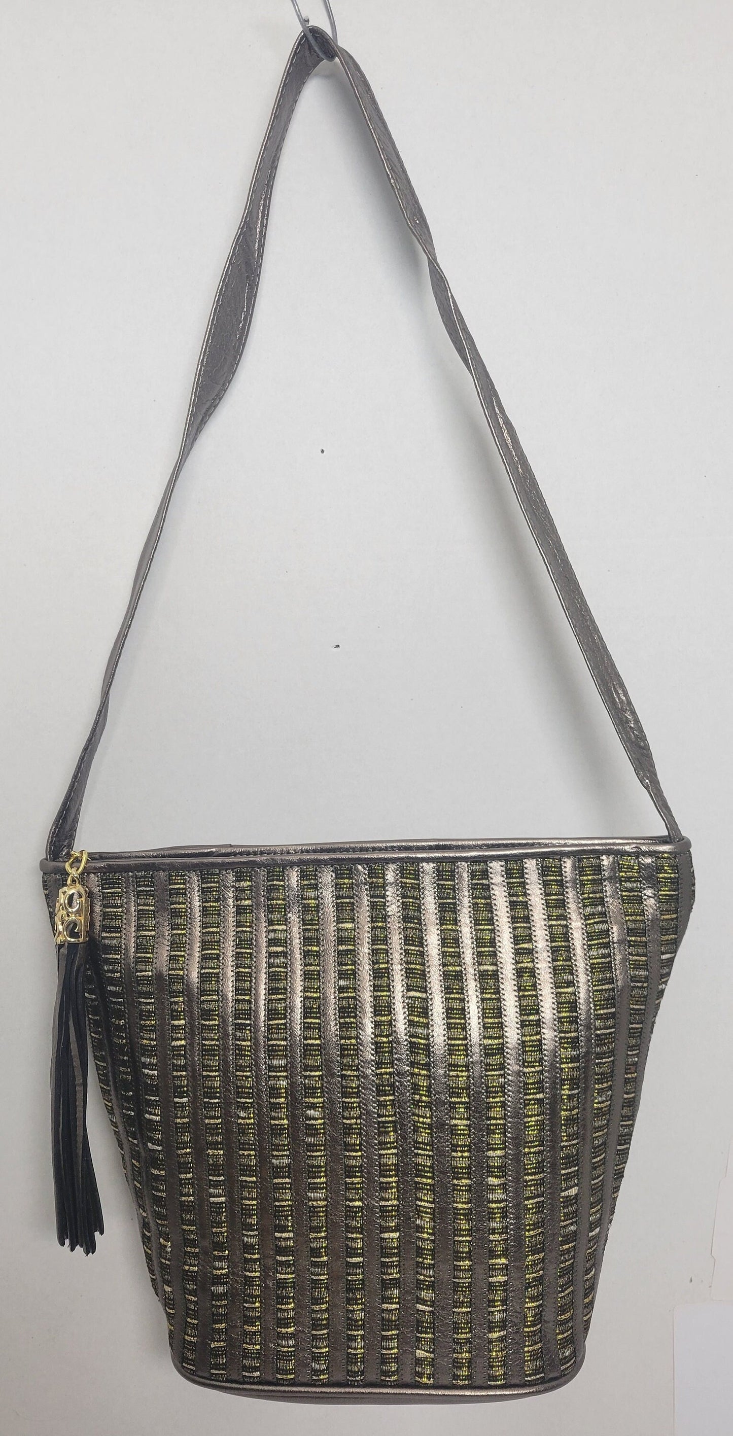 Pewter with pewter Zigzag design Leather Shoulder Handbag for women. Zigzag Design on front side only. Made In USA!