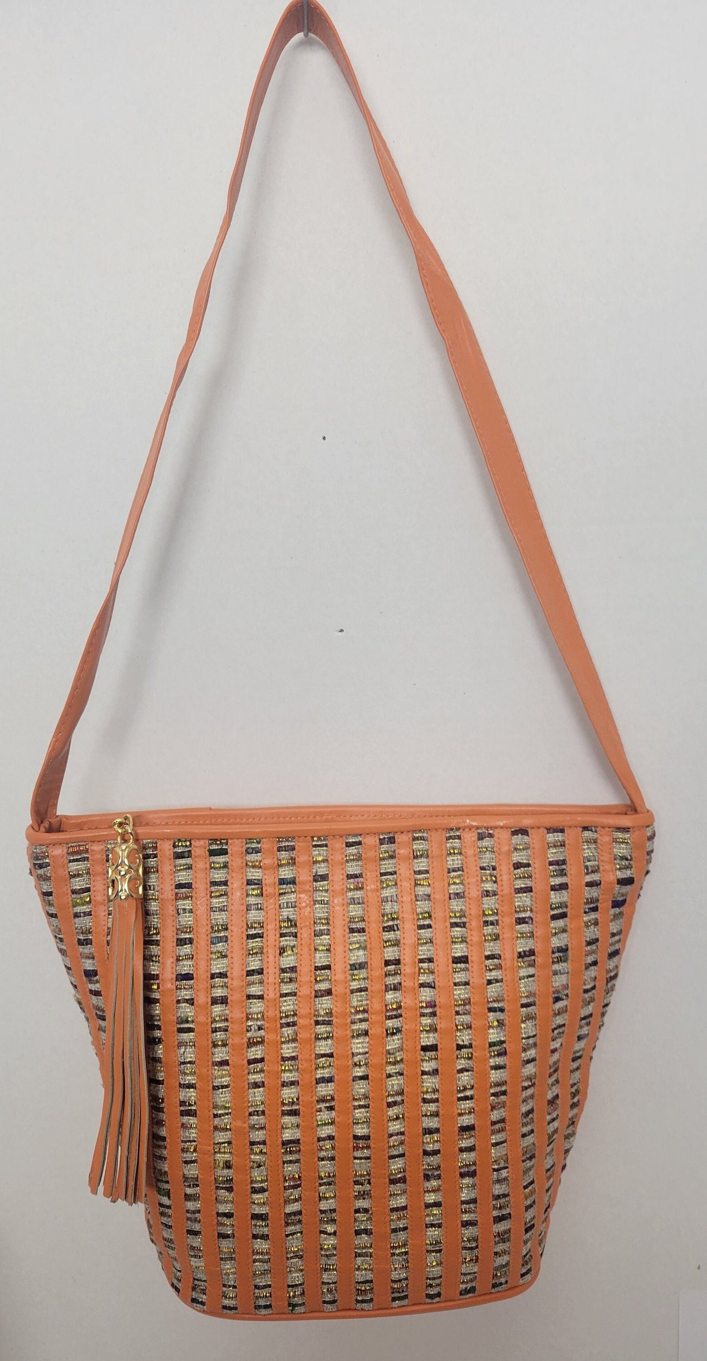 Orange with Multi Fabrice Zigzag Design Leather Shoulder Handbag for women. Stripe Zigzag Design on front side only. Made In USA!