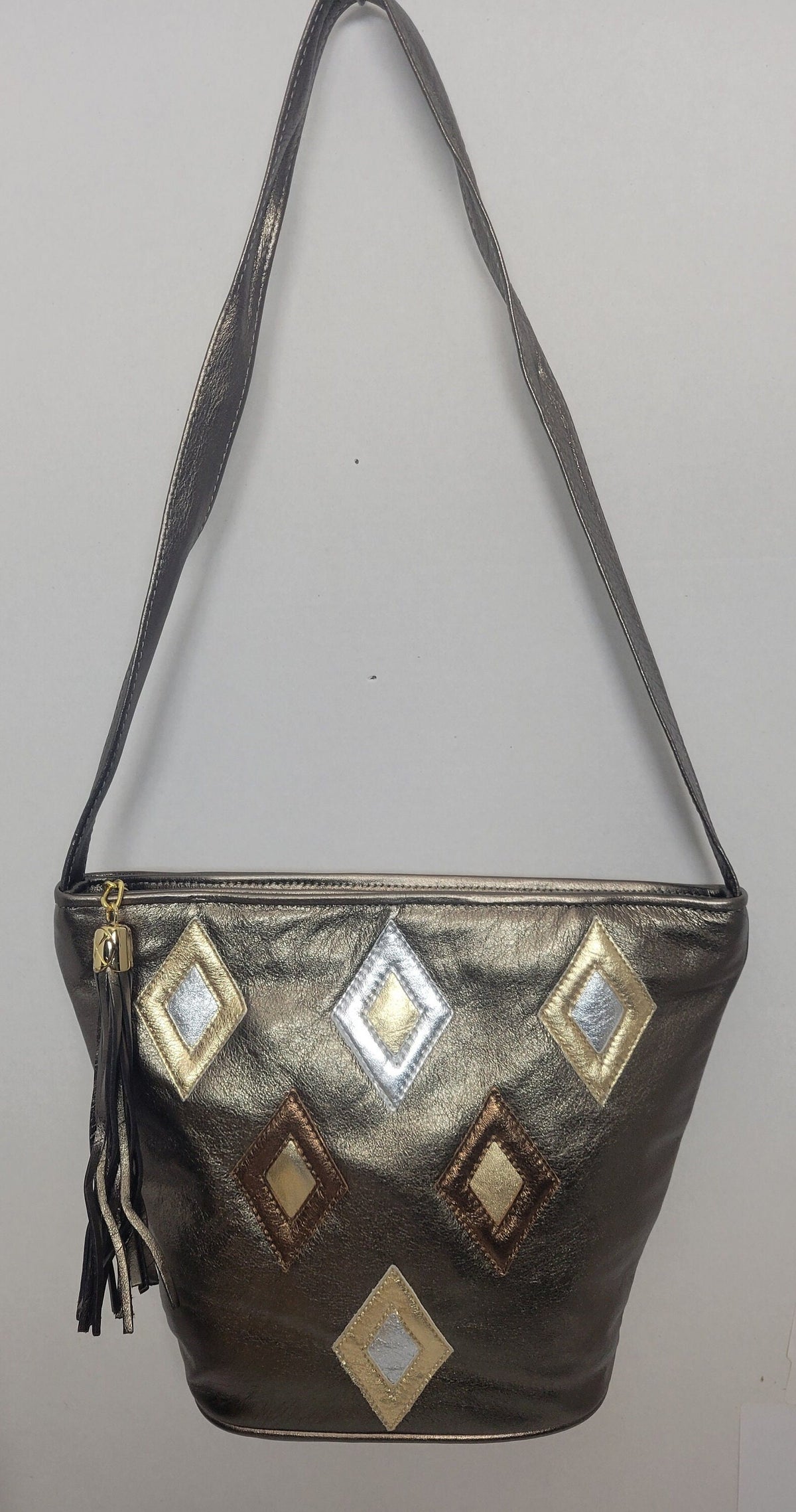 Pewter with Diamond Shape three tone design Leather Shoulder Handbag for women. Zigzag Design on front side only. Made In USA!
