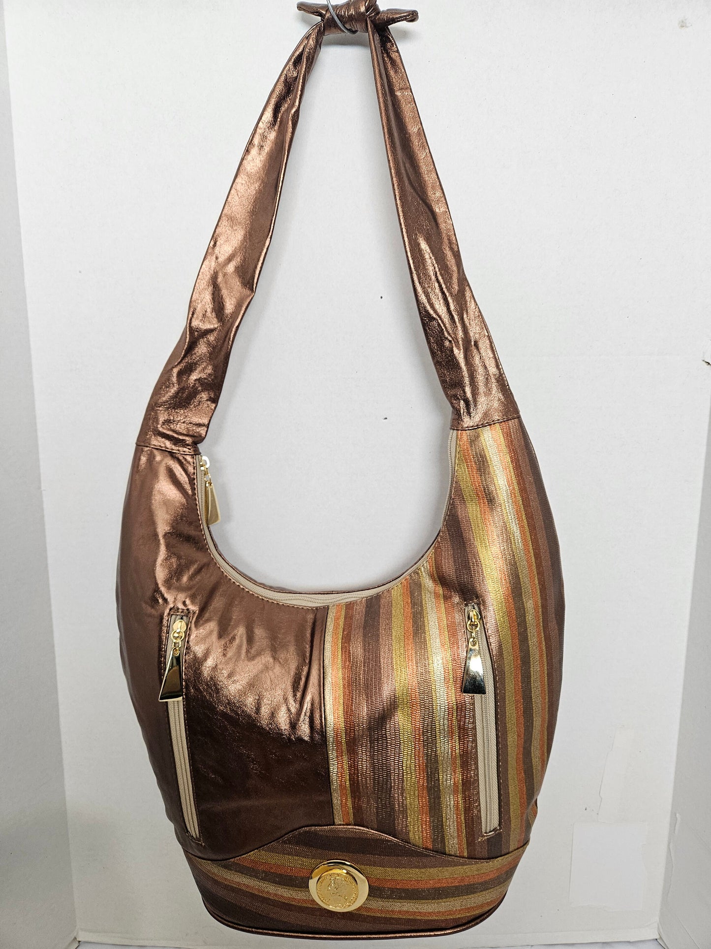 Leather Hobo Handbag Large Shining Bronze with Multi Print Leather! Made in USA!