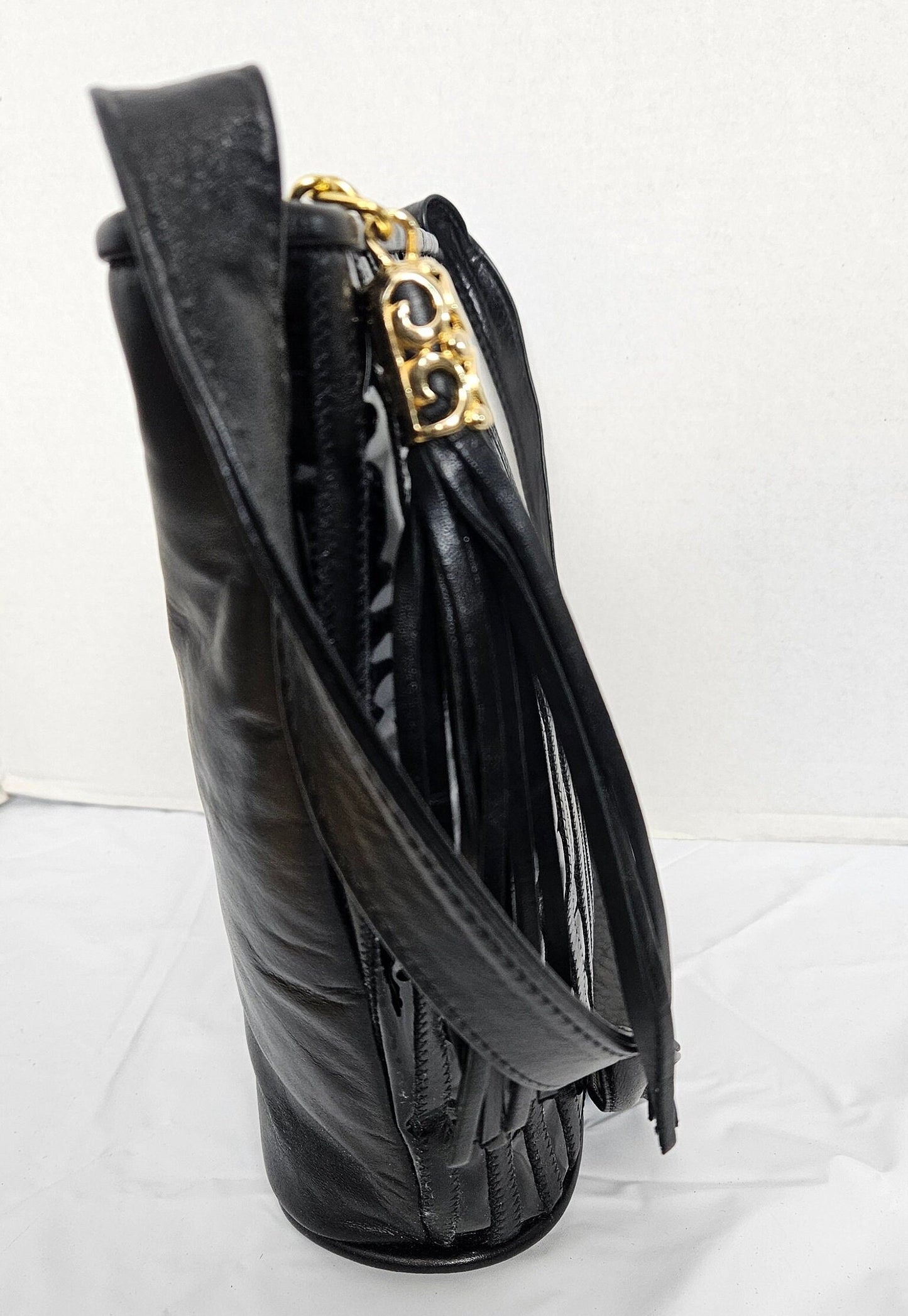Leather Shoulder Handbag for women. Black with Patton Stripe Zigzag Design on front side only. Made In USA!