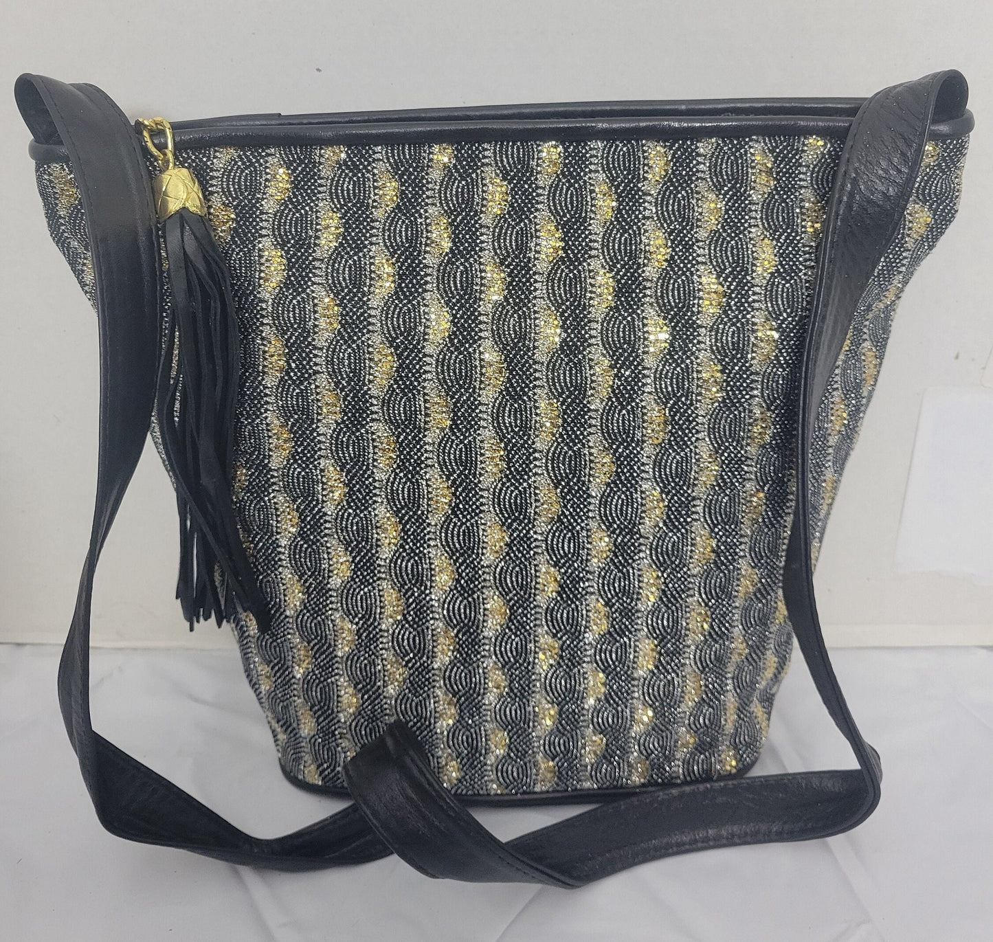 Leather Shoulder Handbag for women. Black with Silver Gold Black Glitters Fabrice Design on front side only. Made In US