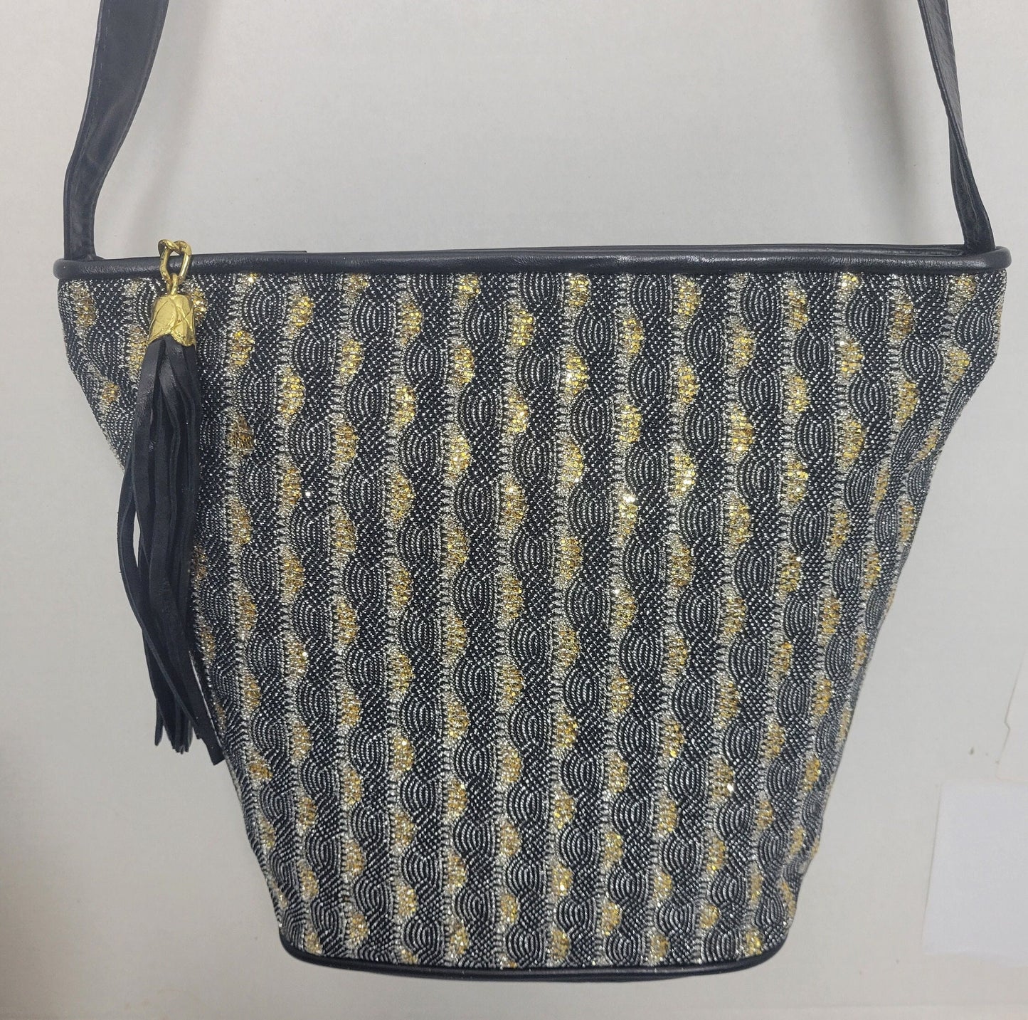 Leather Shoulder Handbag for women. Black with Silver Gold Black Glitters Fabrice Design on front side only. Made In US