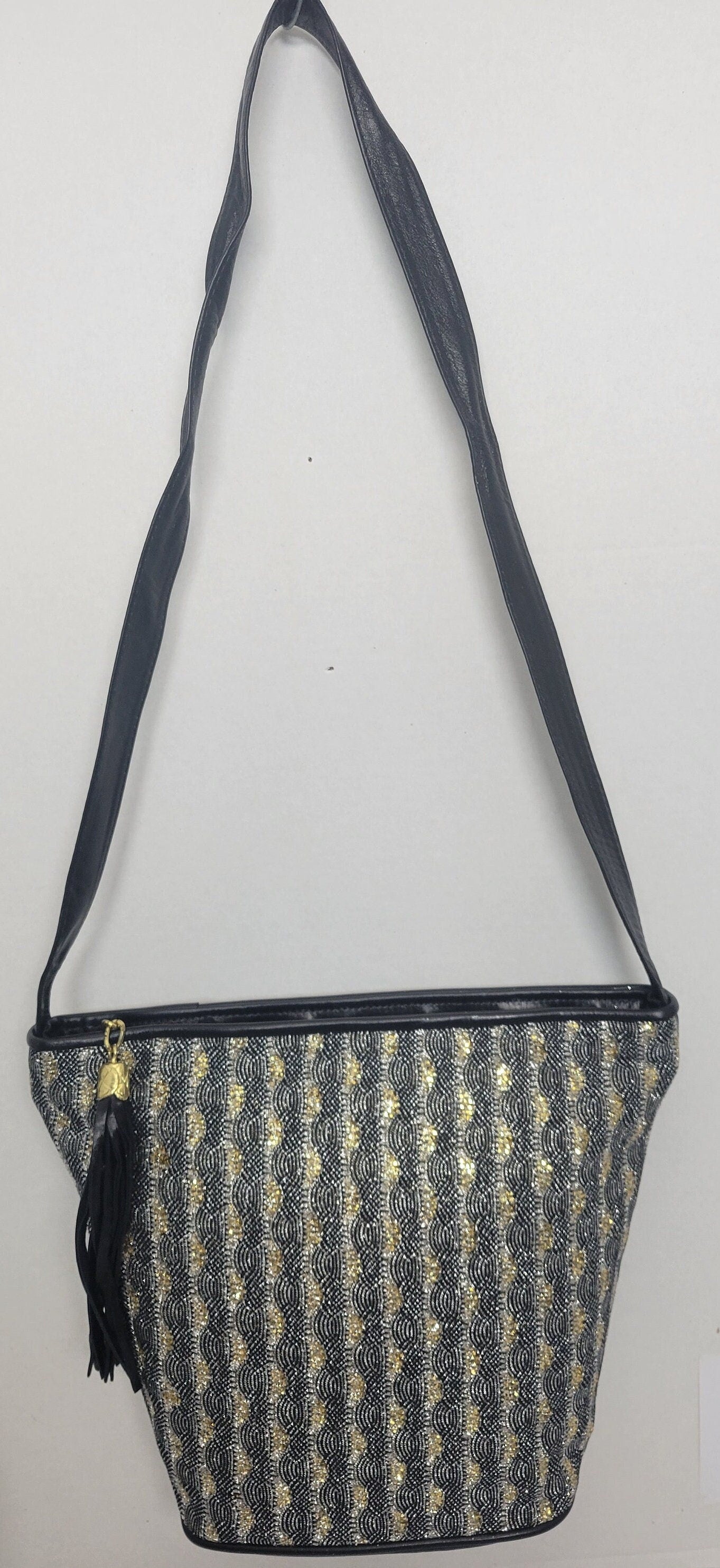 Leather Shoulder Handbag for women. Black with Silver Gold Black Glitters Fabrice Design on front side only. Made In US