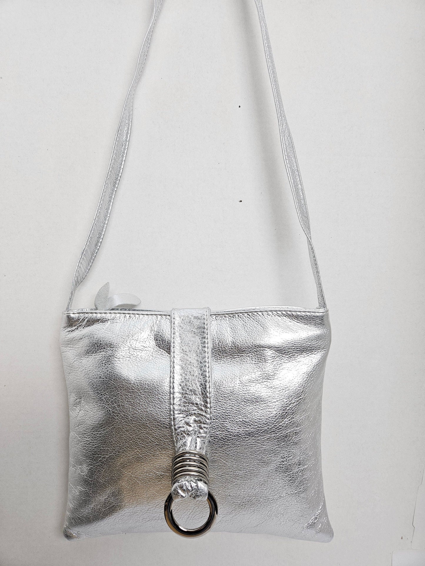 Shining Silver with Silver matel Rings Genuine Leather Handbag for all. Tejrasila-Ring Purse. Made in USA. Design for you.