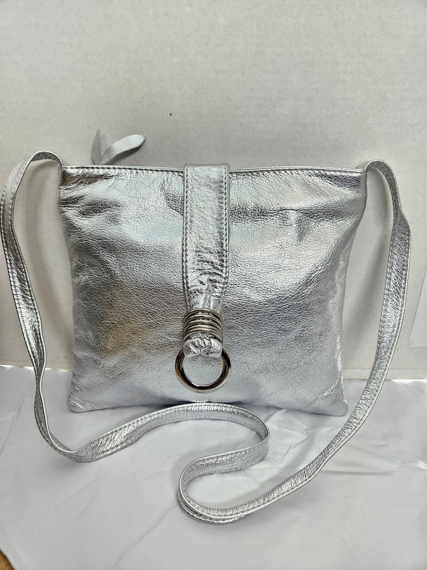 Shining Silver with Silver matel Rings Genuine Leather Handbag for all. Tejrasila-Ring Purse. Made in USA. Design for you.