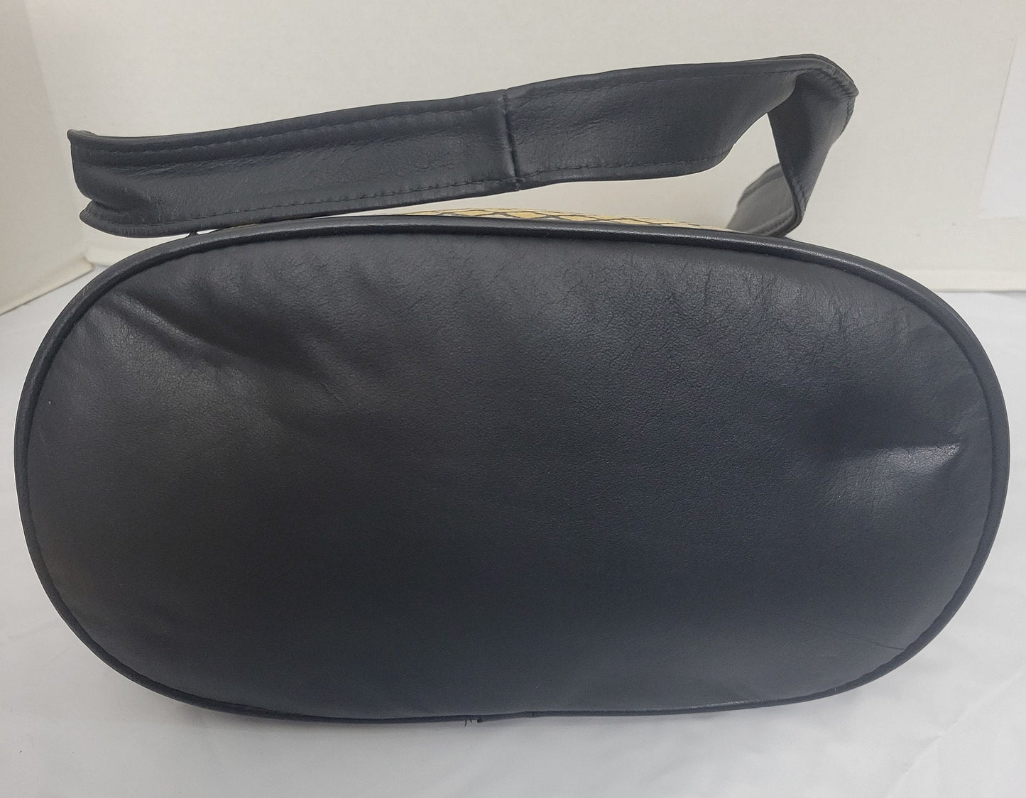 Tejrasila-Black with gold print genuine leather Shoulder handbag! Three outside pockets.Made in USA!