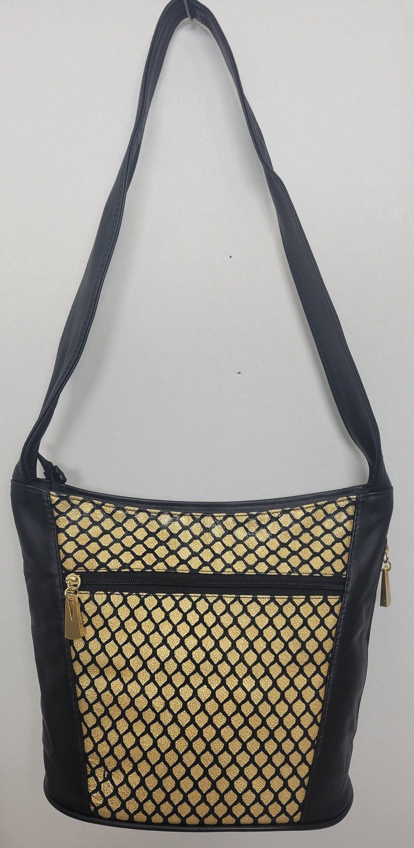 Tejrasila-Black with gold print genuine leather Shoulder handbag! Three outside pockets.Made in USA!