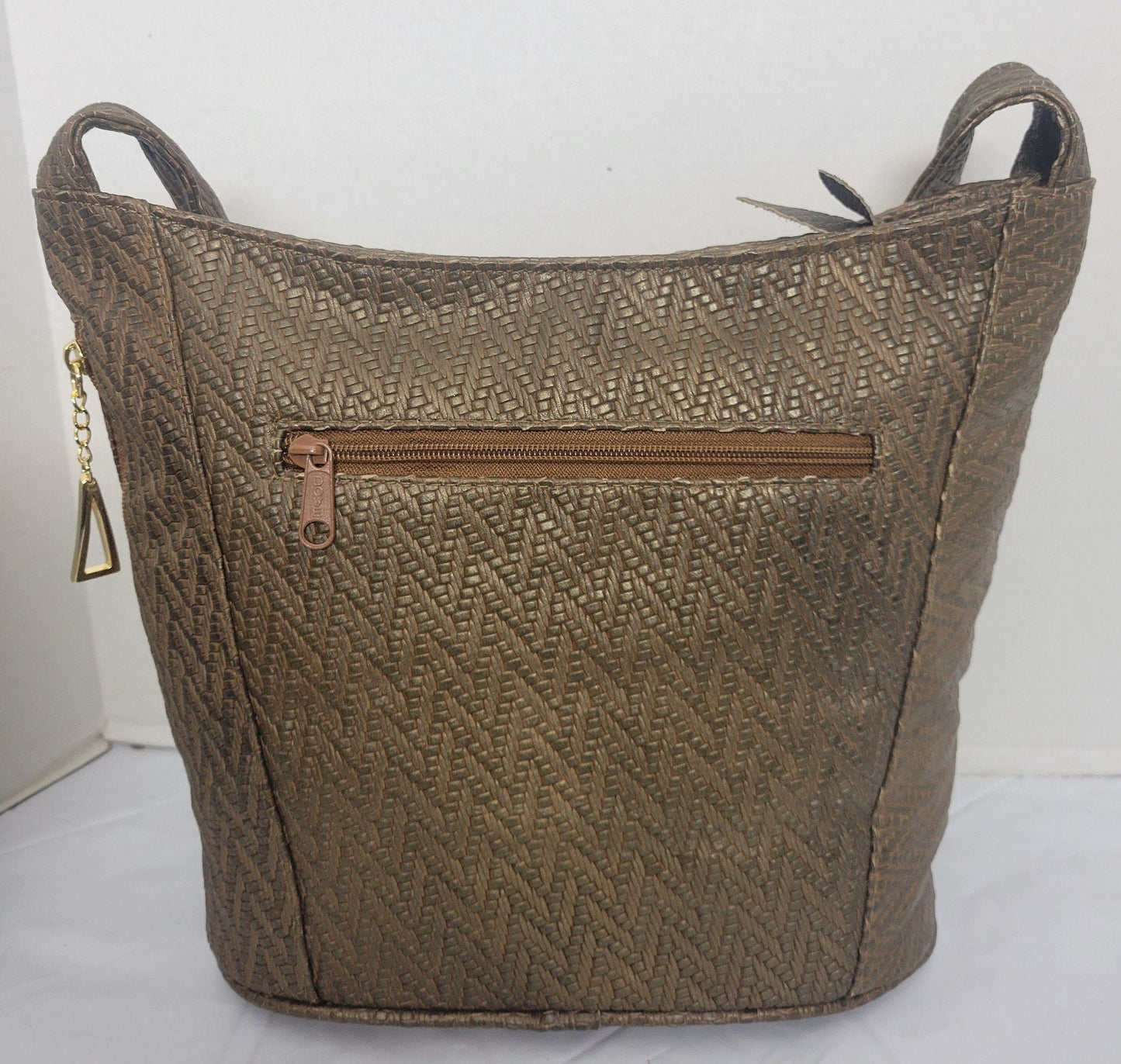 Tejrasila-Khaki print women's Shoulder handbag! Three outside pockets.Made with genuine leather in USA!