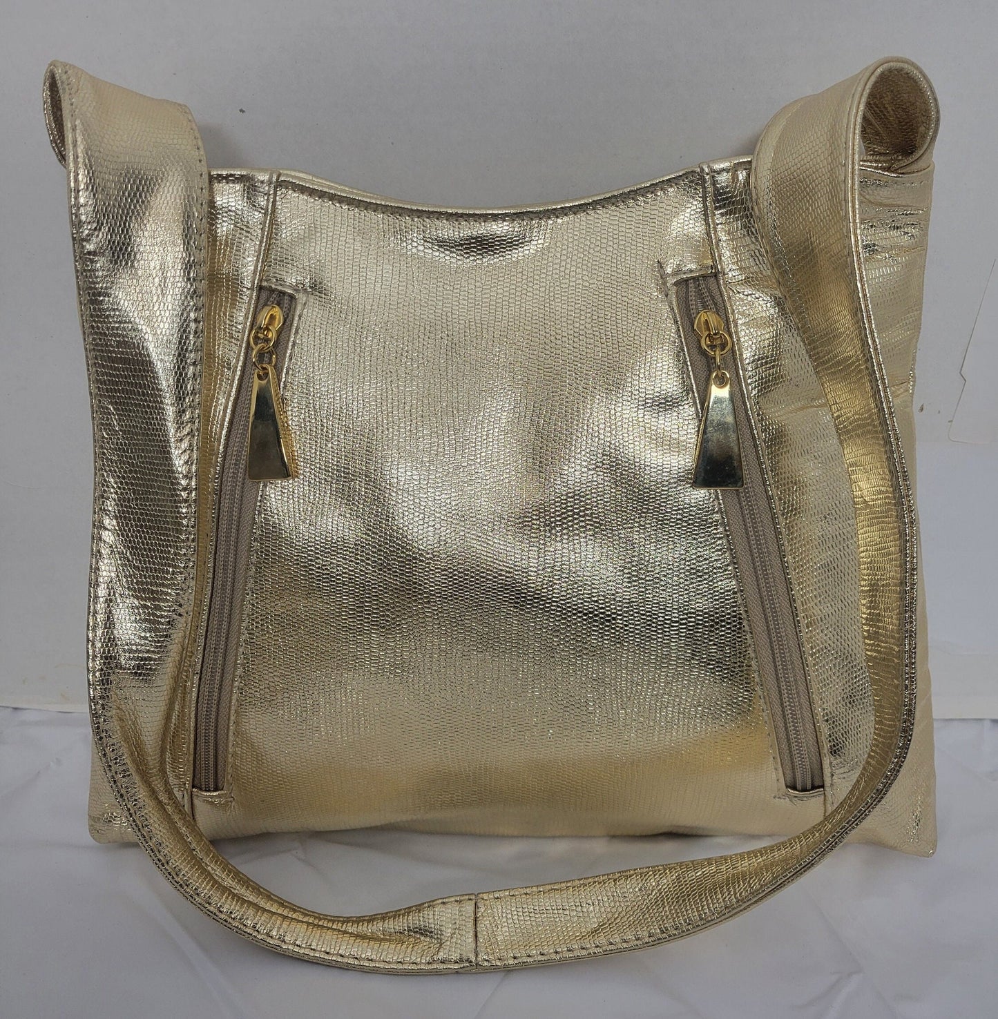Shinning Gold Print Leather Handbag! Two Left and Right Pockets.TR9044gold/Print. Made in USA.