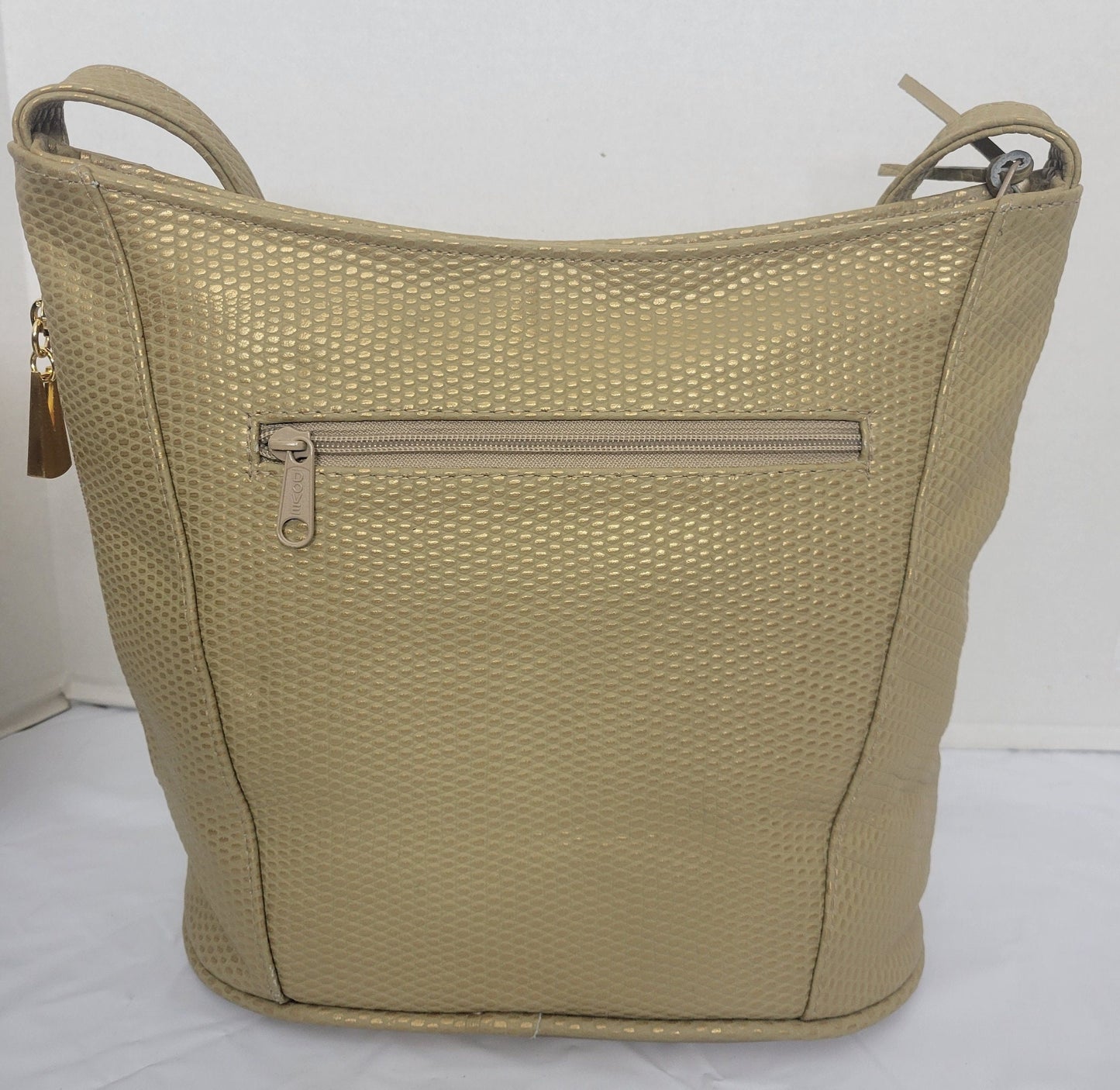 Tejrasila- Champagne print women's Shoulder handbag! Three outside pockets.Made with genuine leather in USA!