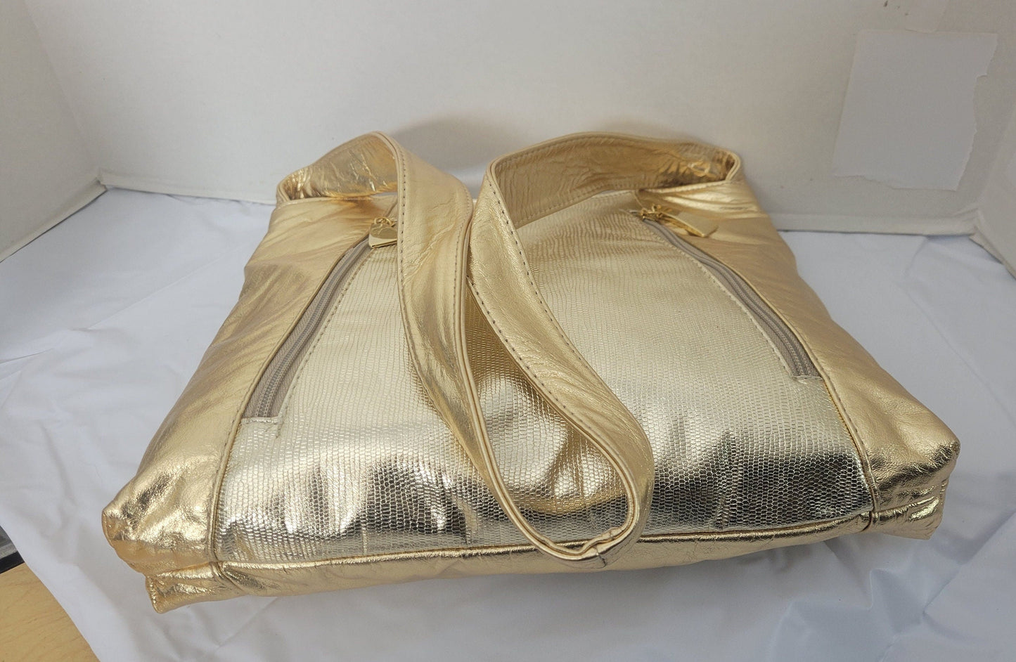 Shining Gold plan with Print Leather Handbag! Two Left and Right Pockets. Made in USA.