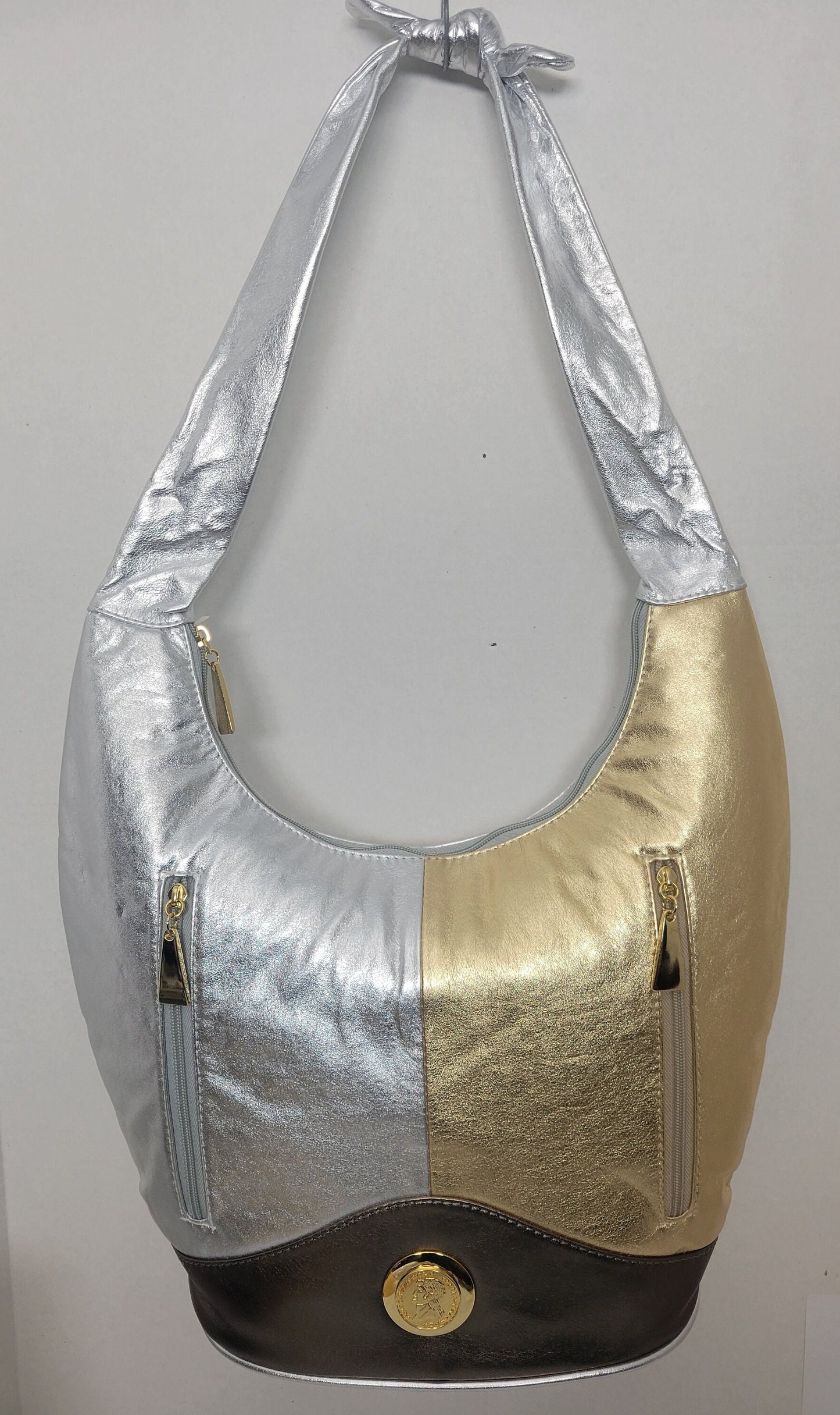 Tejrasila-Shining silver,gold,pewter with gold metal design Hobo genuine leather handbag!