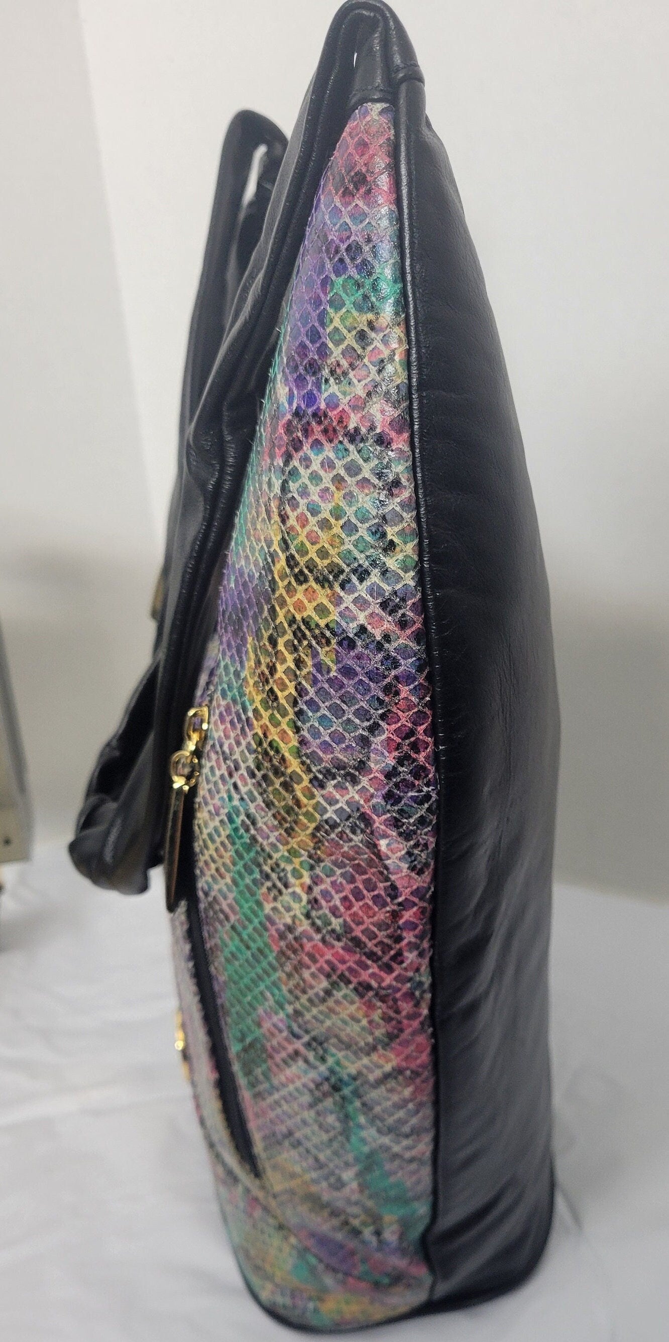 Tejrasila-Black and Purple print with gold metal design Hobo genuine leather handbag!