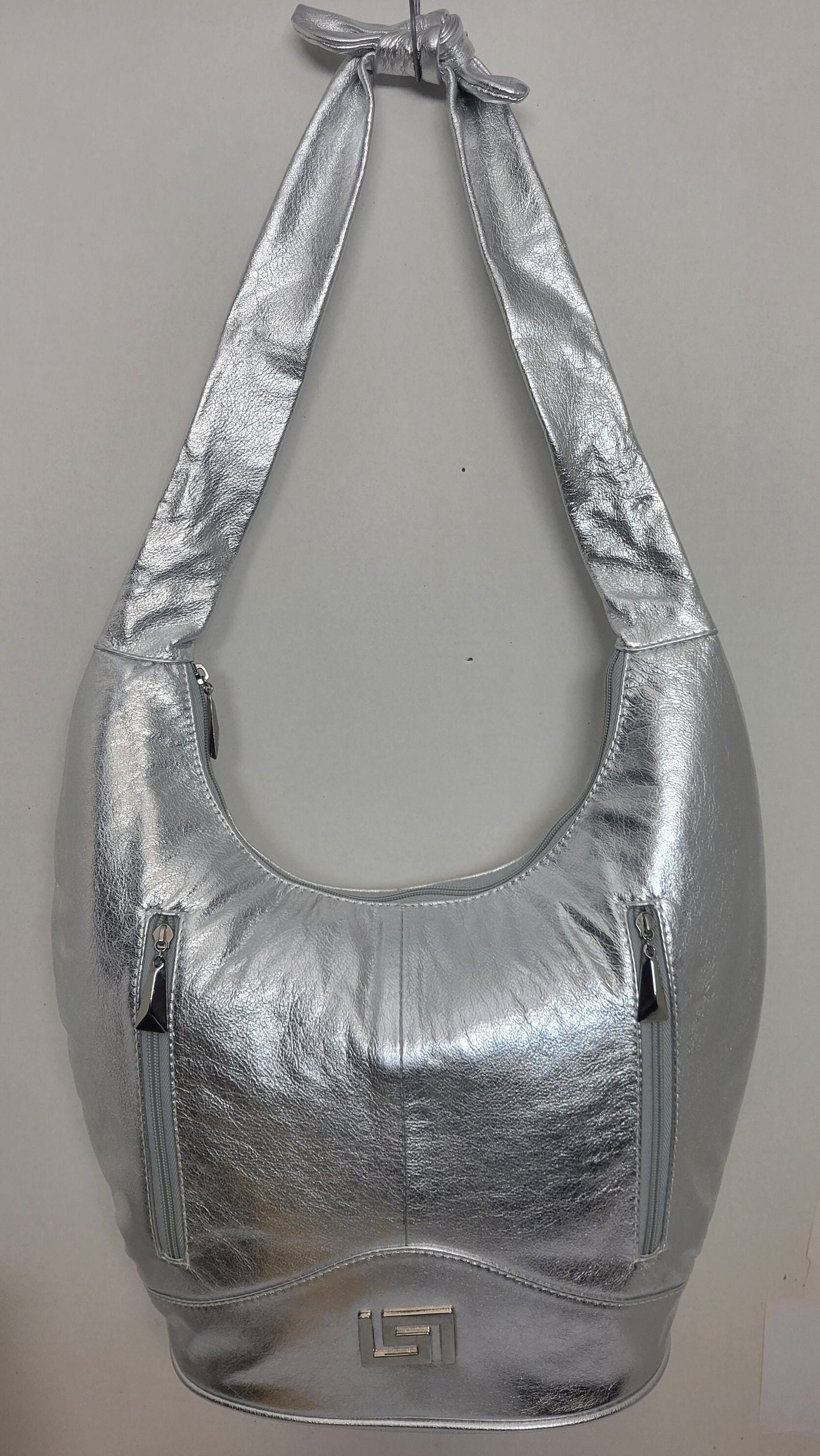 Tejrasila-Shining silver with silver metal G design Hobo genuine leather handbag!