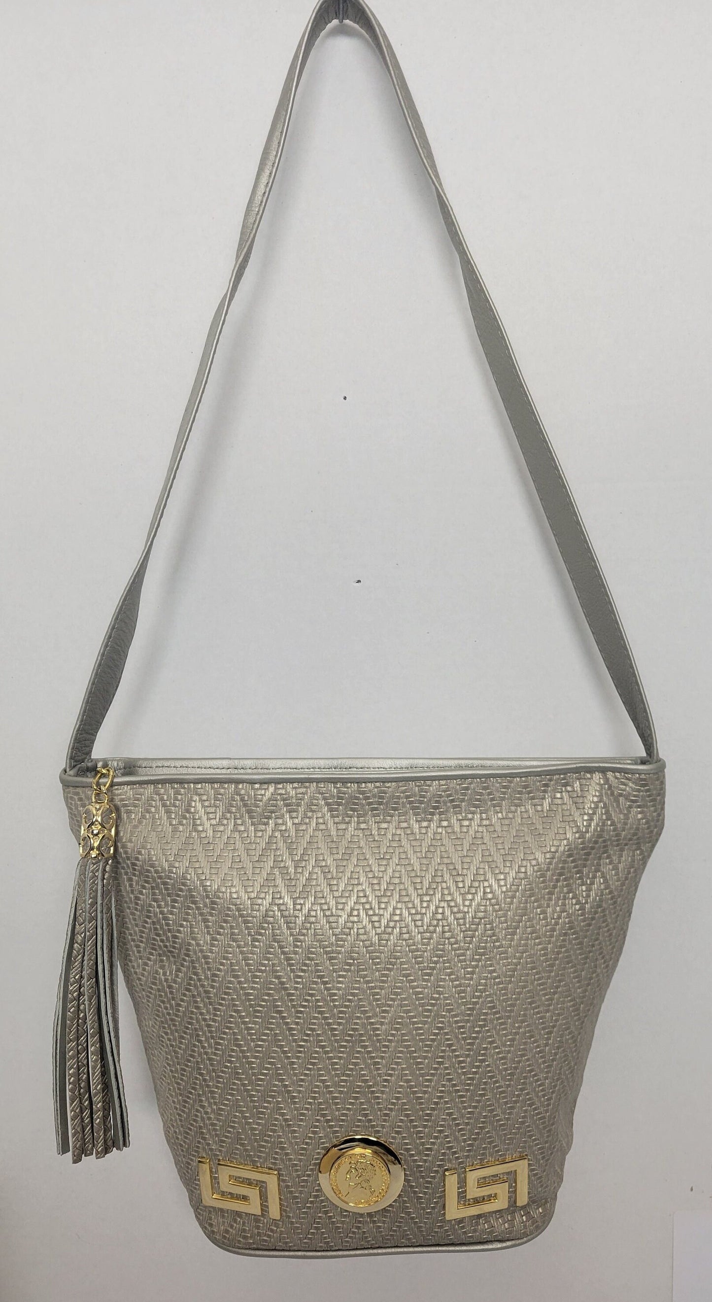 Mocha print with Gold Z and Coin metal design on Leather Shoulder Handbag for women. Design on front side only. Made In USA!
