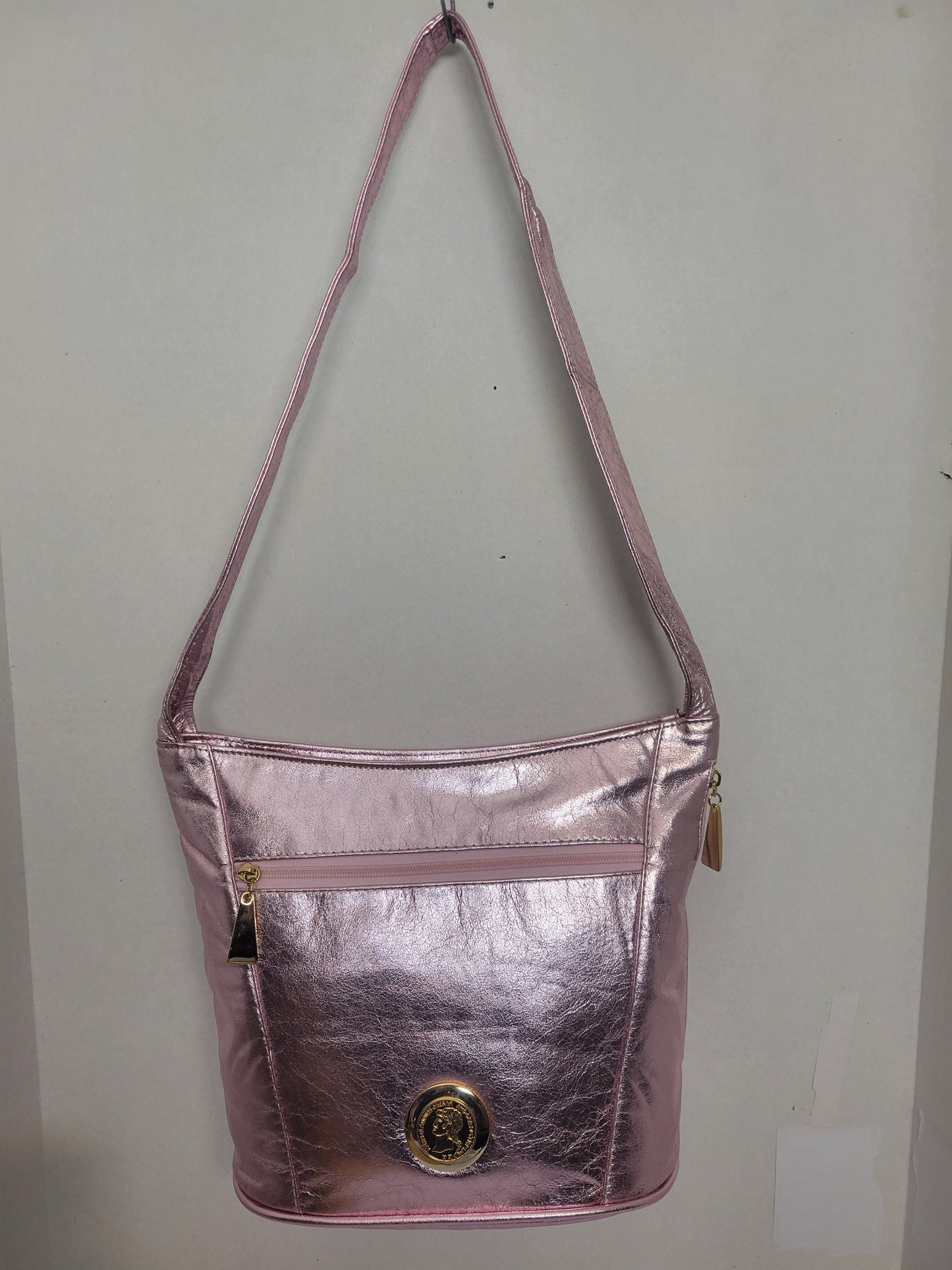 Tejrasila-Shining pink genuine leather, gold matel coin design Shoulder handbag! Three outside pockets.Made in USA!