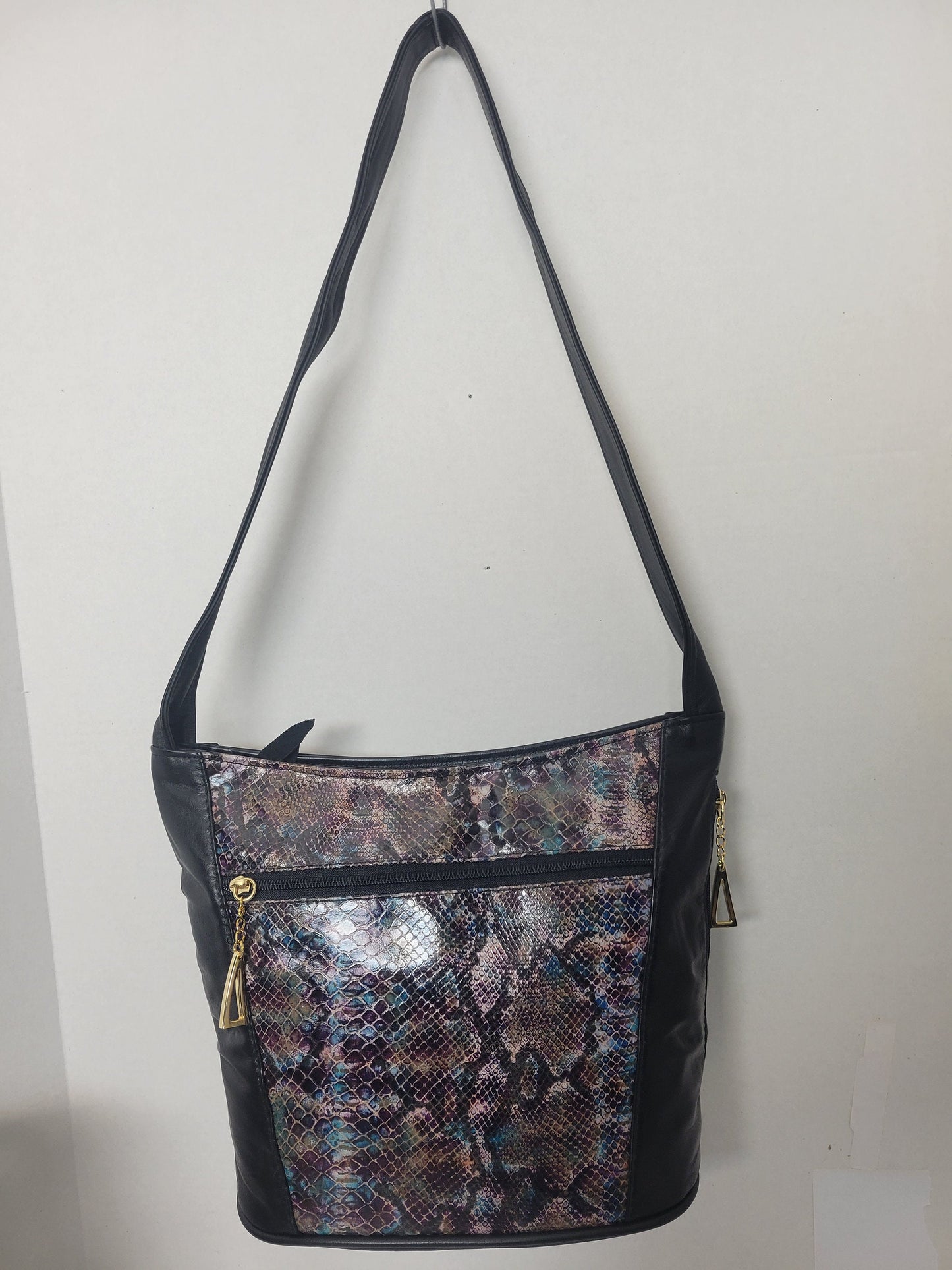 Tejrasila-Black with Purple snake print genuine leather Shoulder handbag! Three outside pockets.Made in USA!