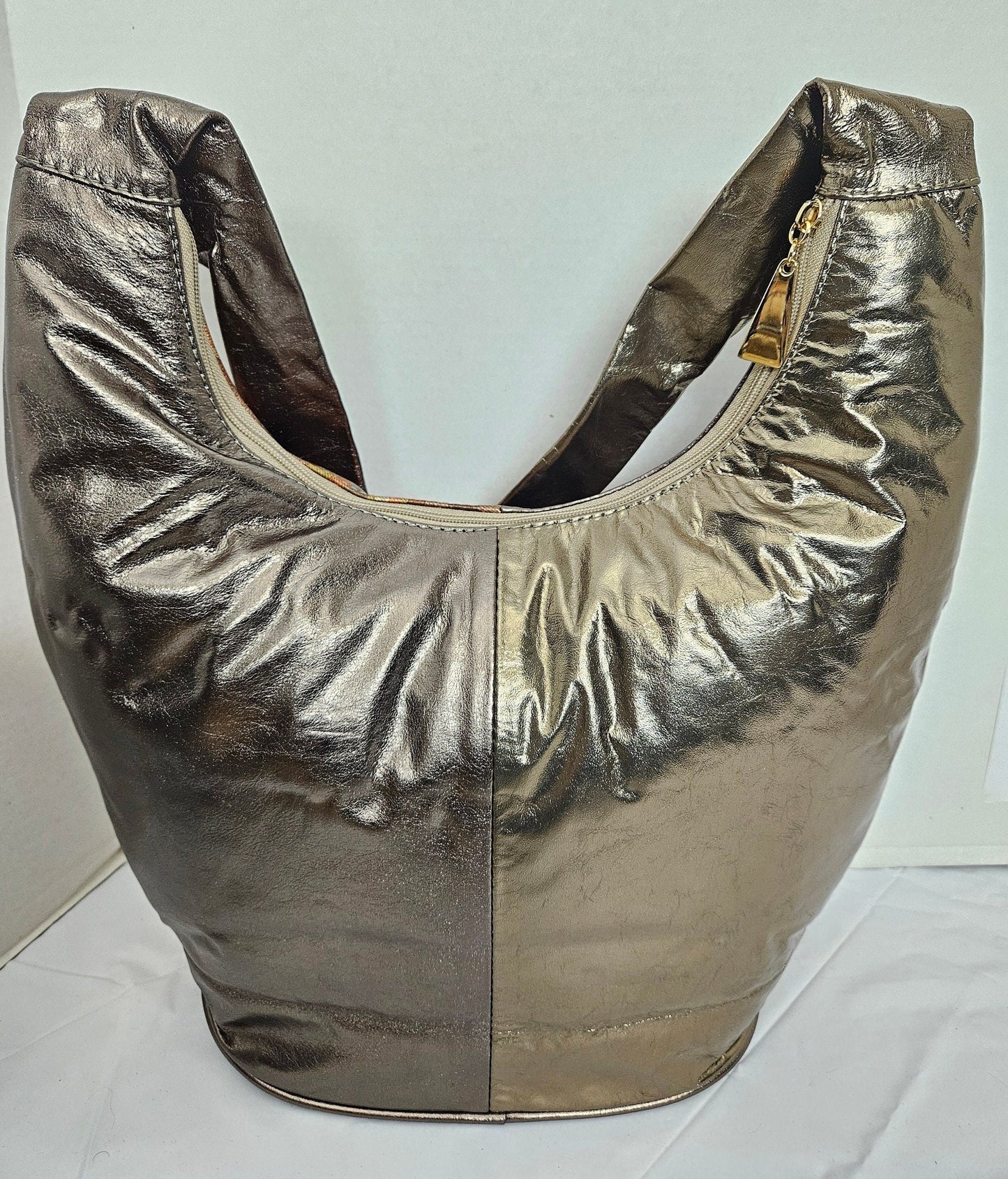 Shining Pewter with multi print leather Hobo Handbag! Made in USA!