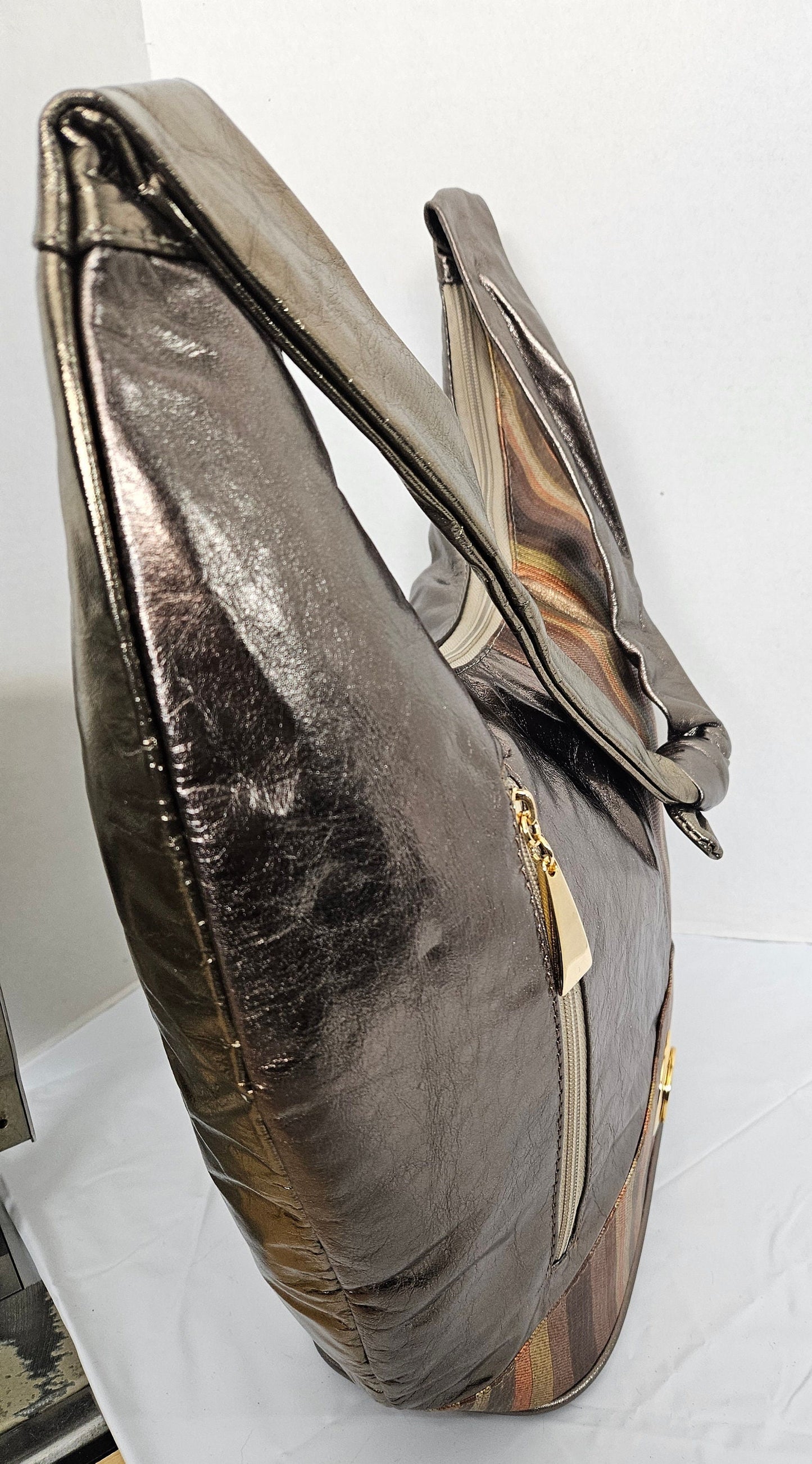 Shining Pewter with multi print leather Hobo Handbag! Made in USA!