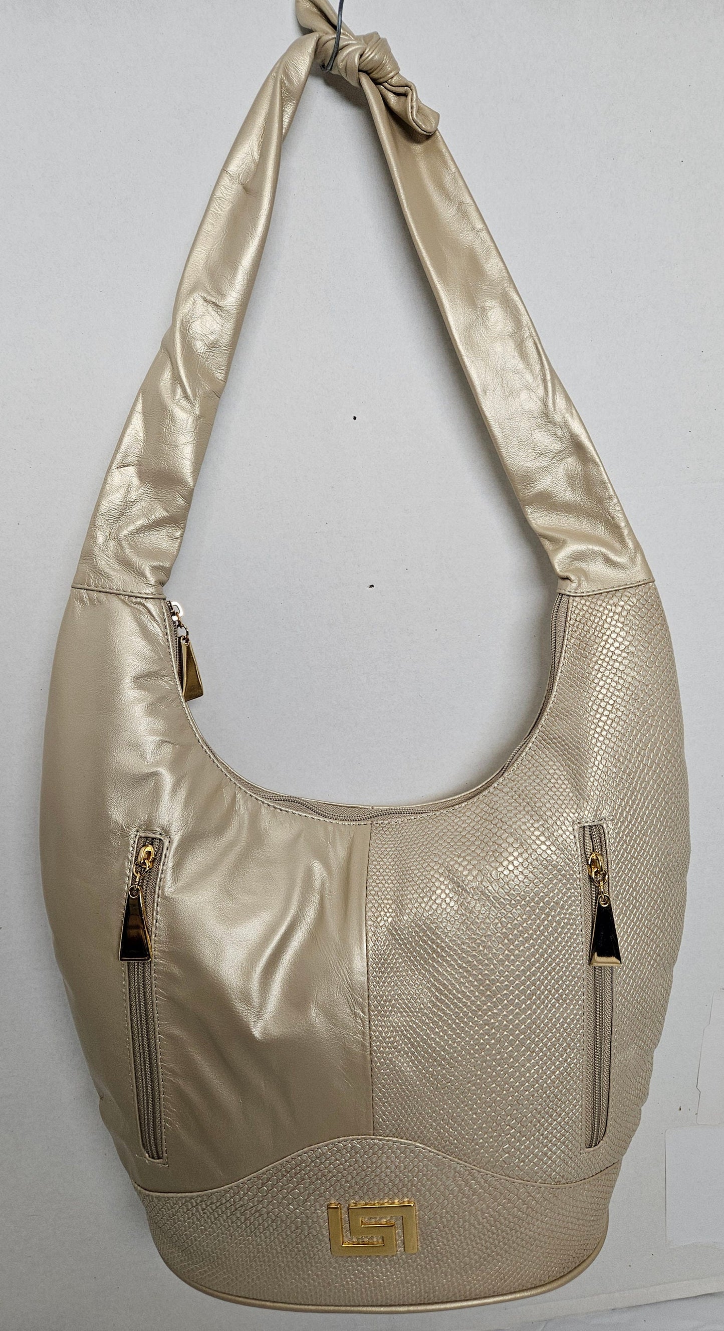 Tejrasila- Champagne with Champagne print leather on Gold metal G design Hobo genuine leather handbag!