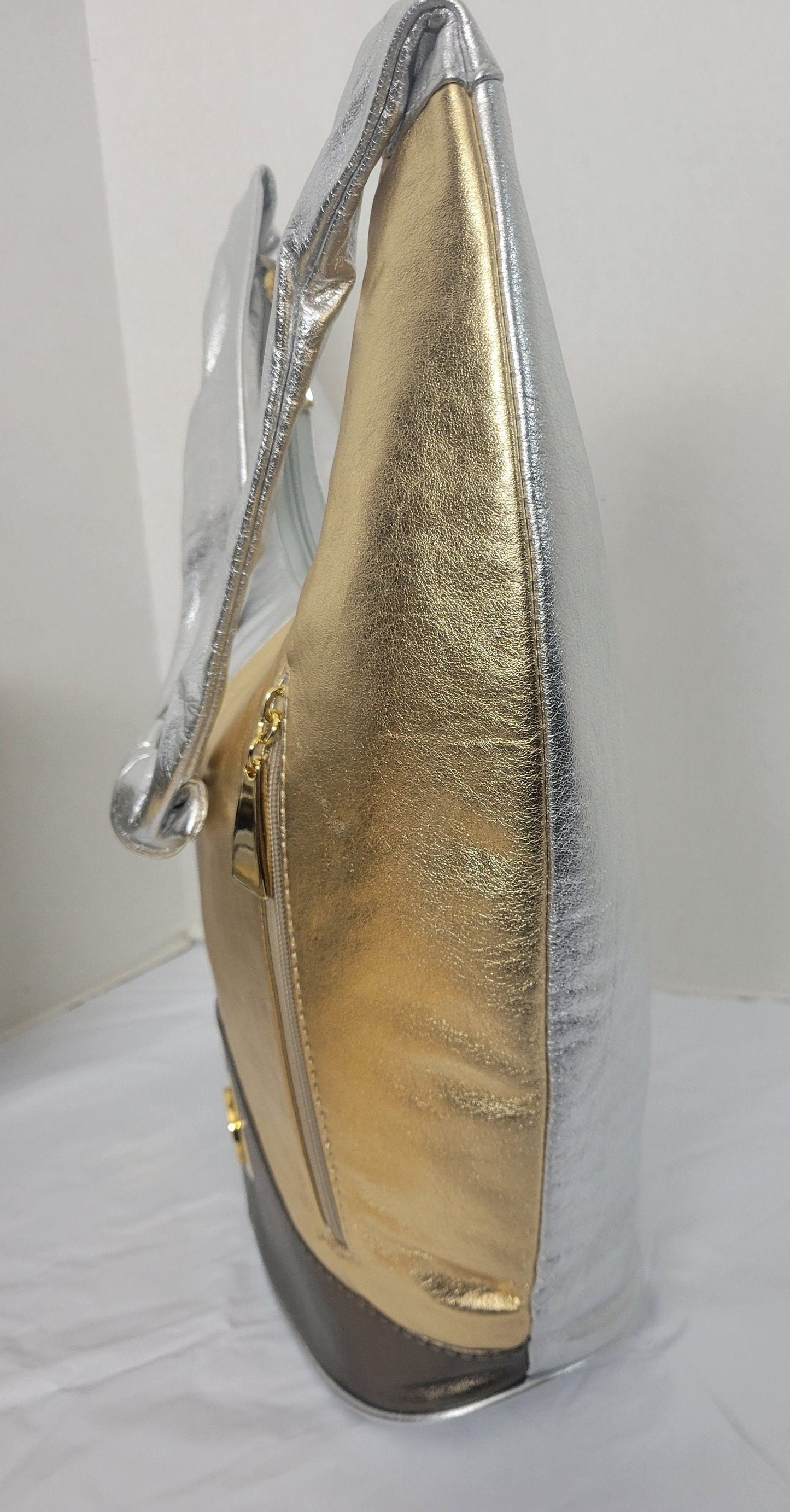 Tejrasila-Shining silver,gold,pewter with gold metal design Hobo genuine leather handbag!