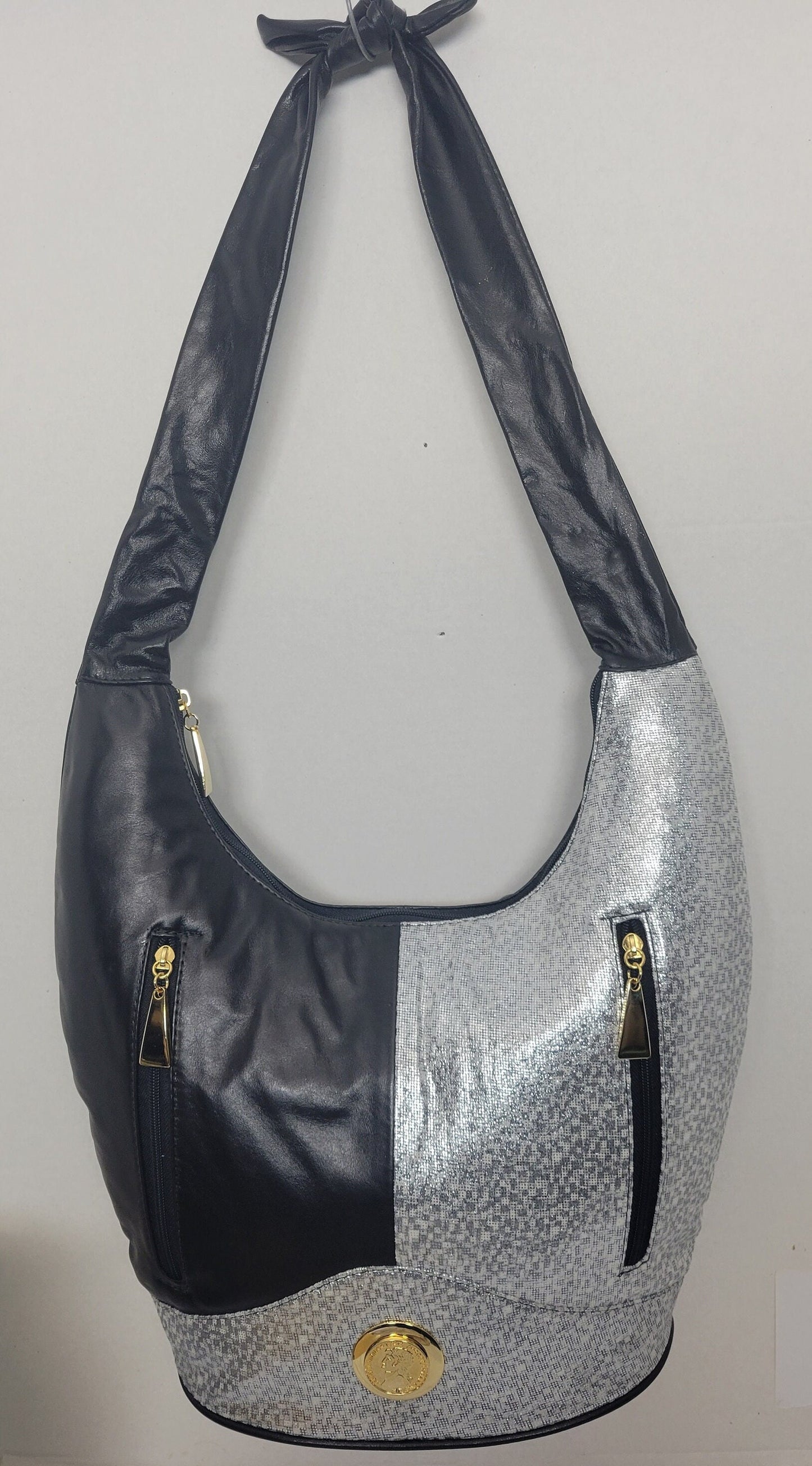 Tejrasila-Black with Shining silver print with gold metal design Hobo genuine leather handbag!