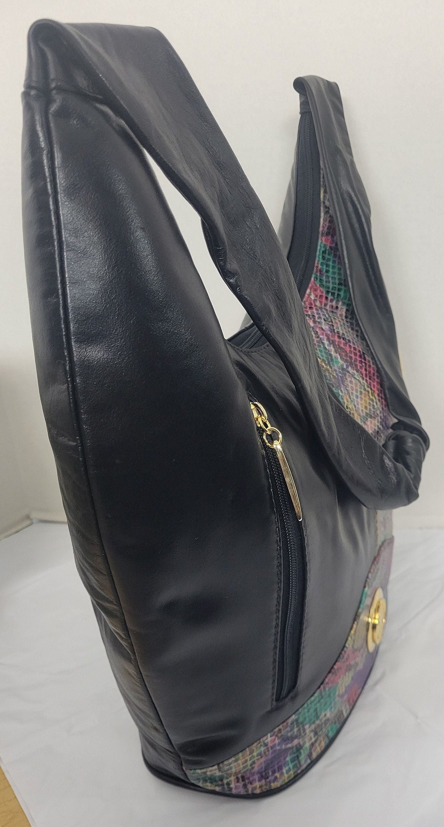 Tejrasila-Black and Purple snake skin print with gold metal design Hobo genuine leather handbag!