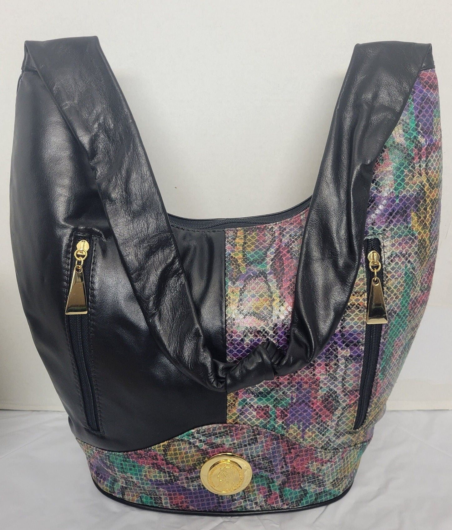 Tejrasila-Black and Purple print with gold metal design Hobo genuine leather handbag!