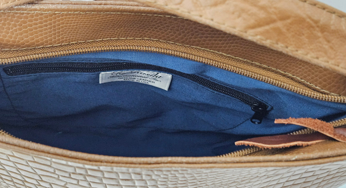 Tejrasila-Beautiful Camel Gator Embossed leather handbag!Good to carry everyday. Side pocket.Made in USA!