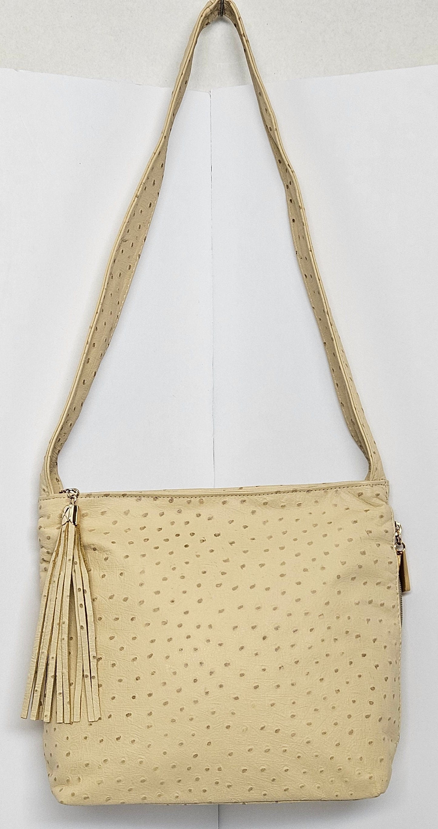 Tejrasila-Gorgeous Ostrich beige leather handbag!Side pocket.Made in USA!
