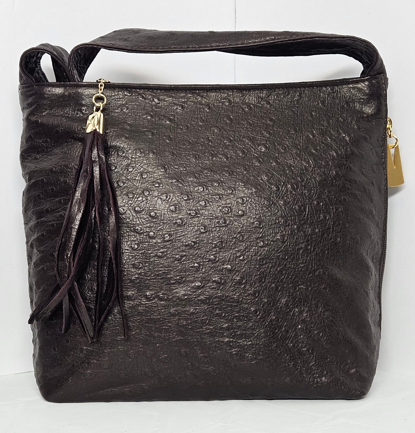 Tejrasila-Gorgeous Ostrich Chocolate brown leather handbag!Side pocket.Made in USA!