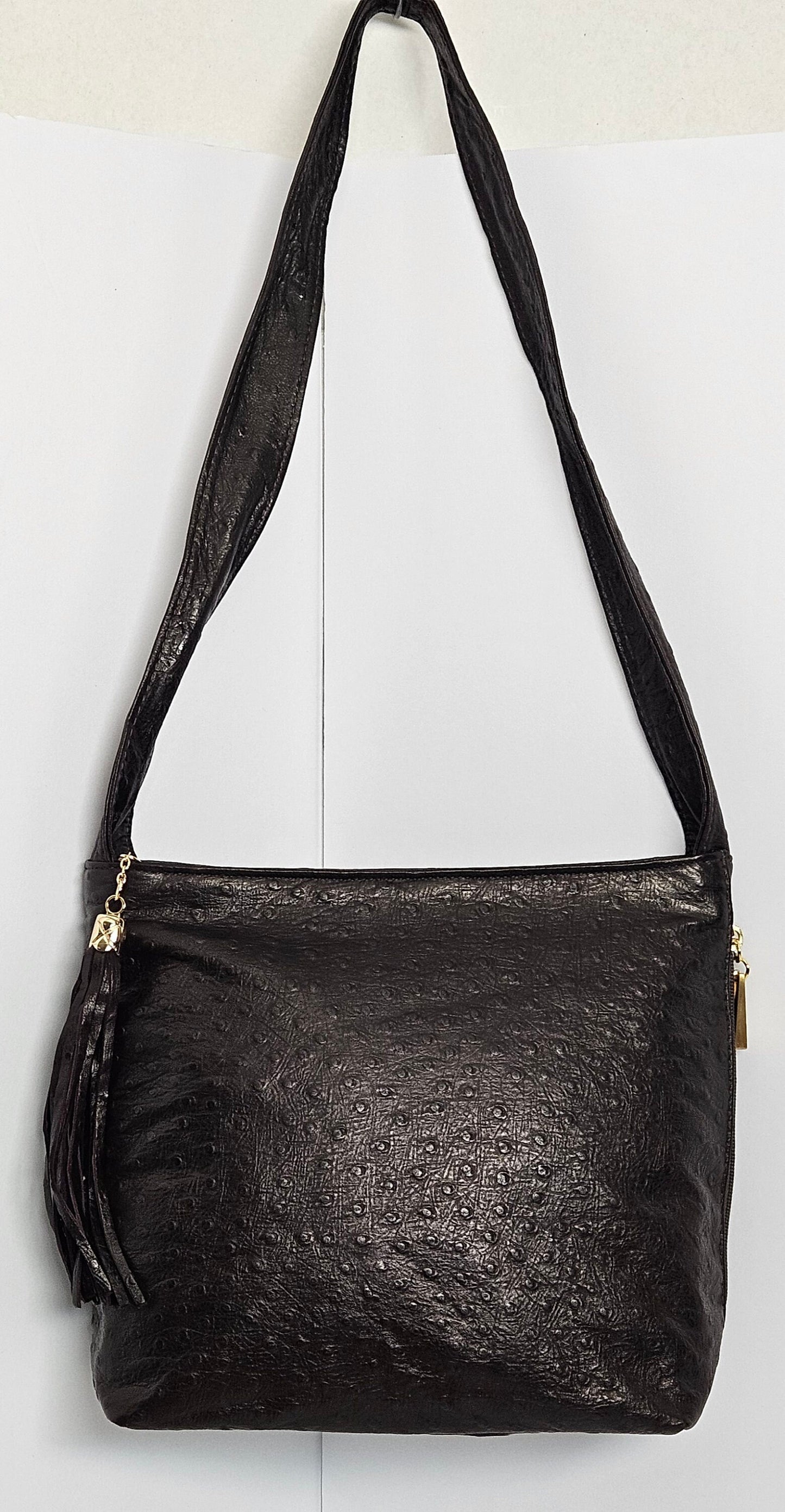 Tejrasila-Gorgeous Ostrich Chocolate brown leather handbag!Side pocket.Made in USA!