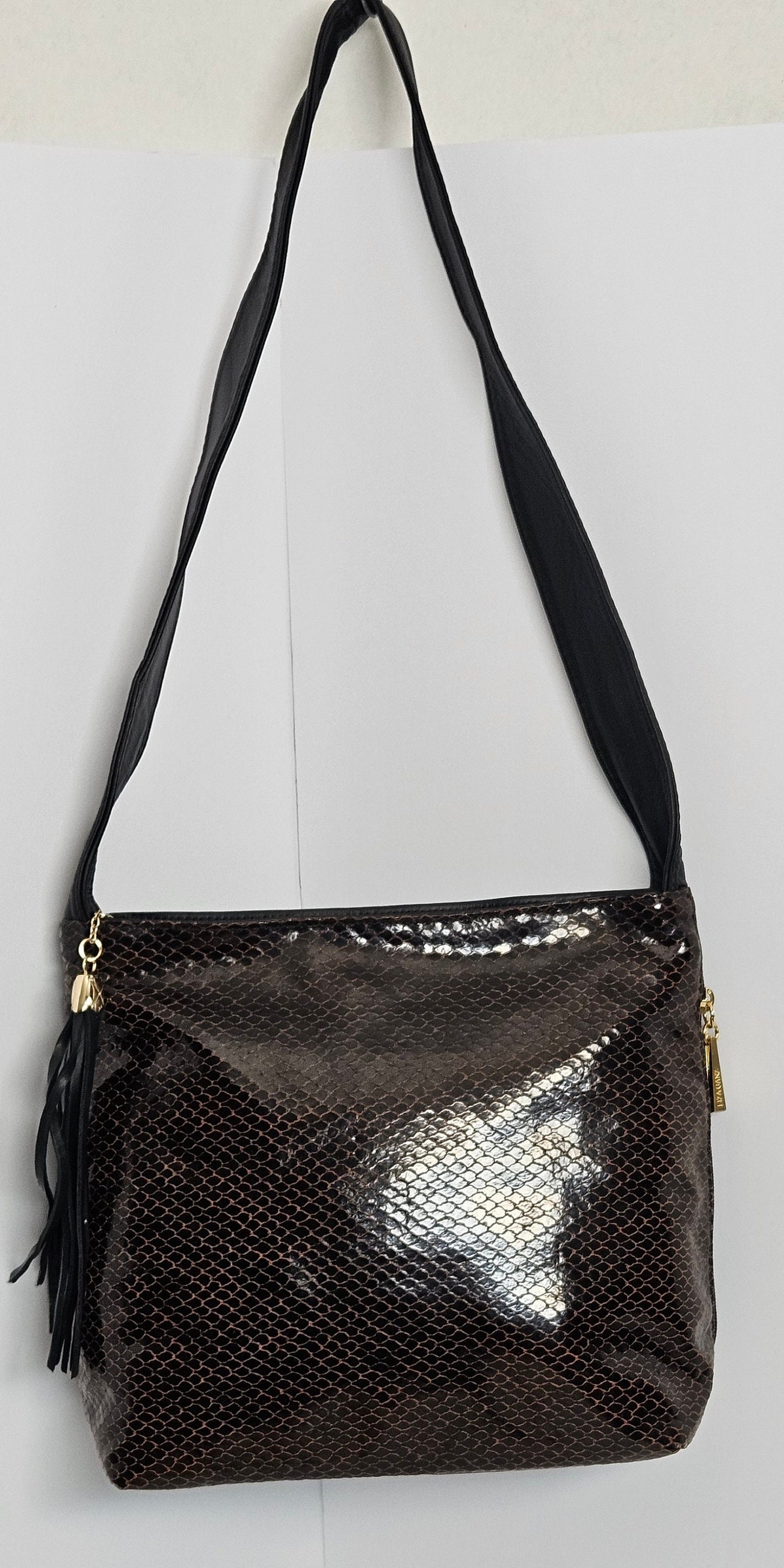 Tejrasila-Gorgeous Brown/Black snake print leather handbag!Made in USA!