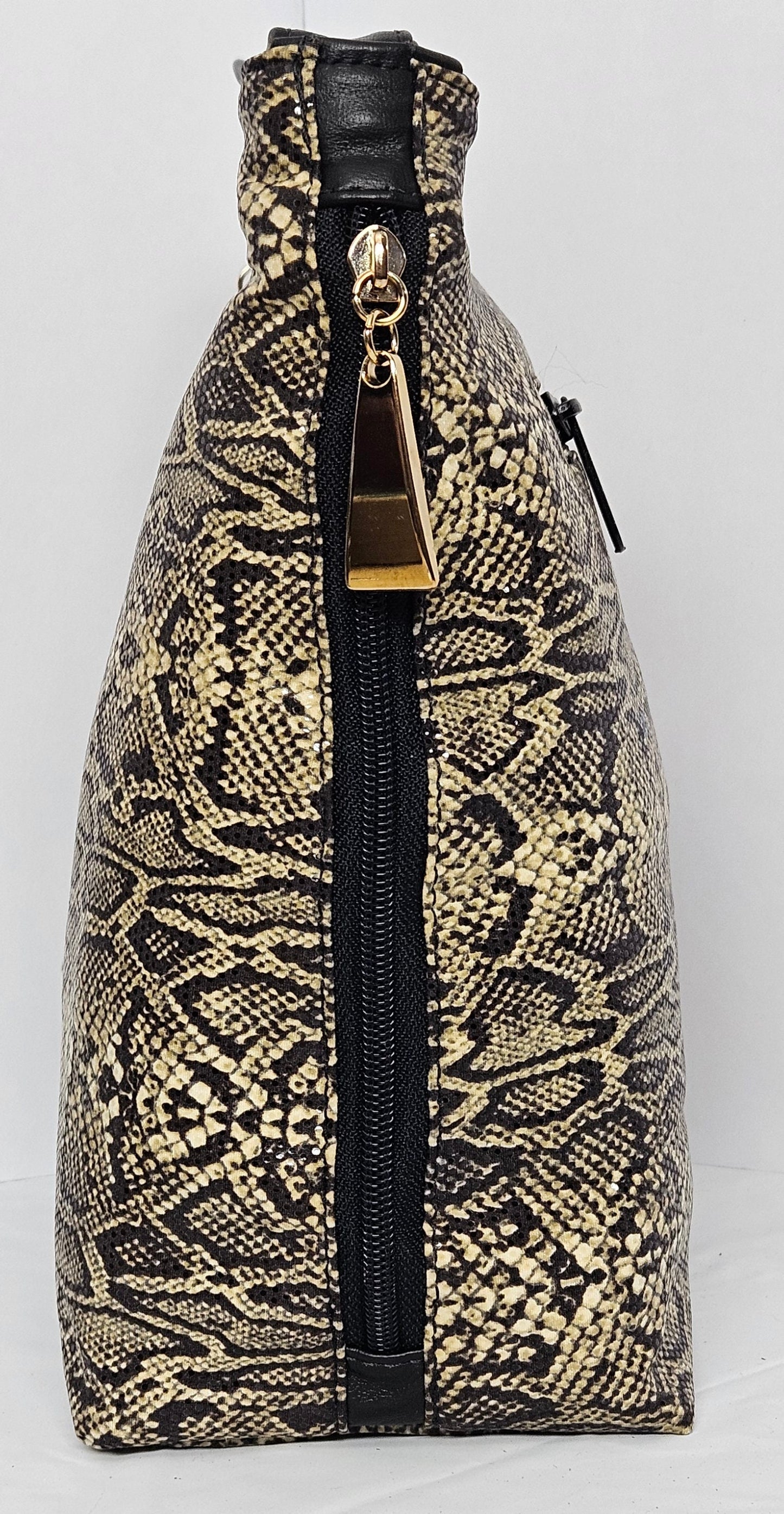Tejrasila-Gorgeous Black Two-Tone snakeprint fabric with leather Shoulder handbag!Made in USA!