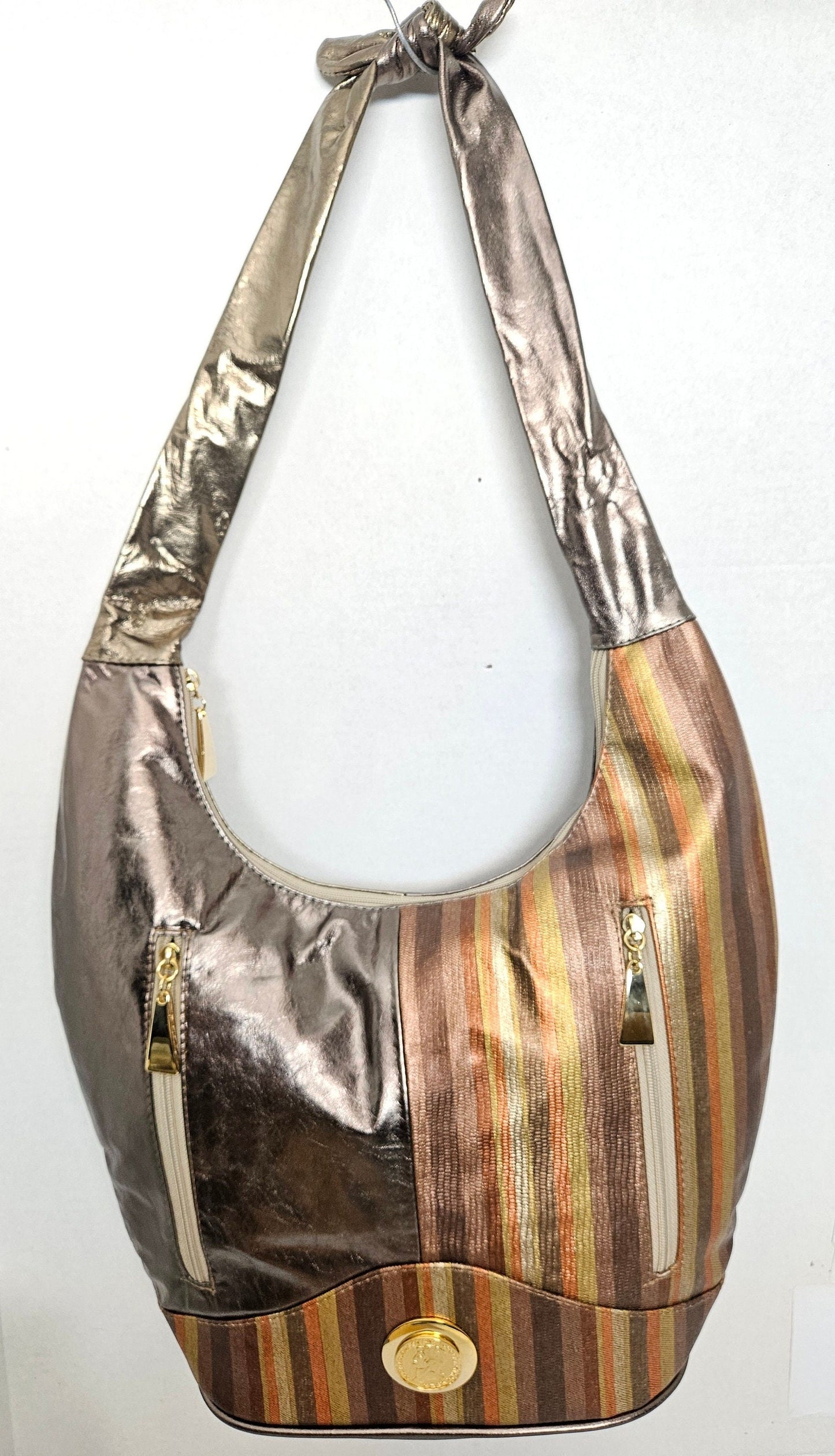 Shining Pewter with multi print leather Hobo Handbag! Made in USA!