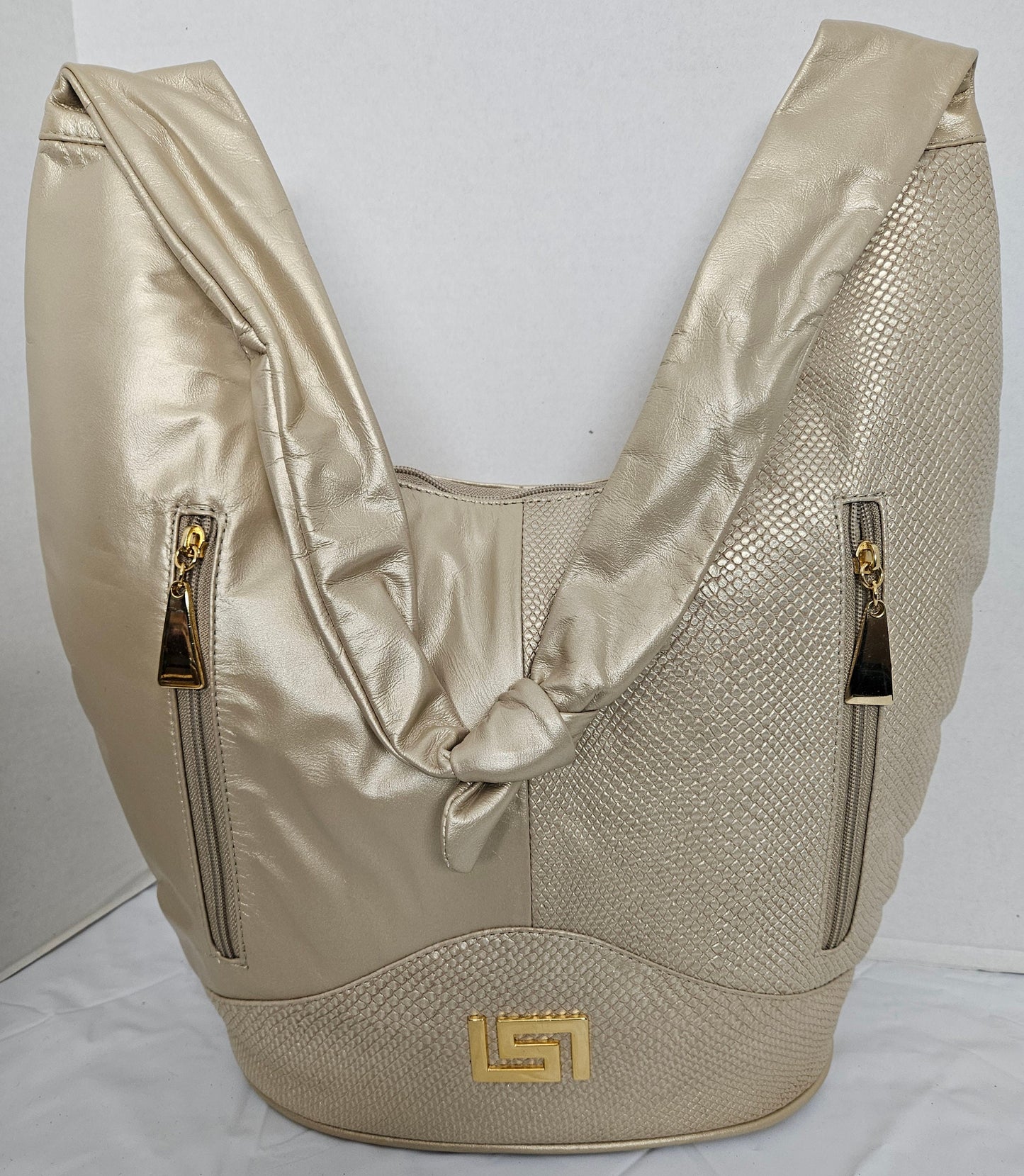 Tejrasila- Champagne with Champagne print leather on Gold metal G design Hobo genuine leather handbag!