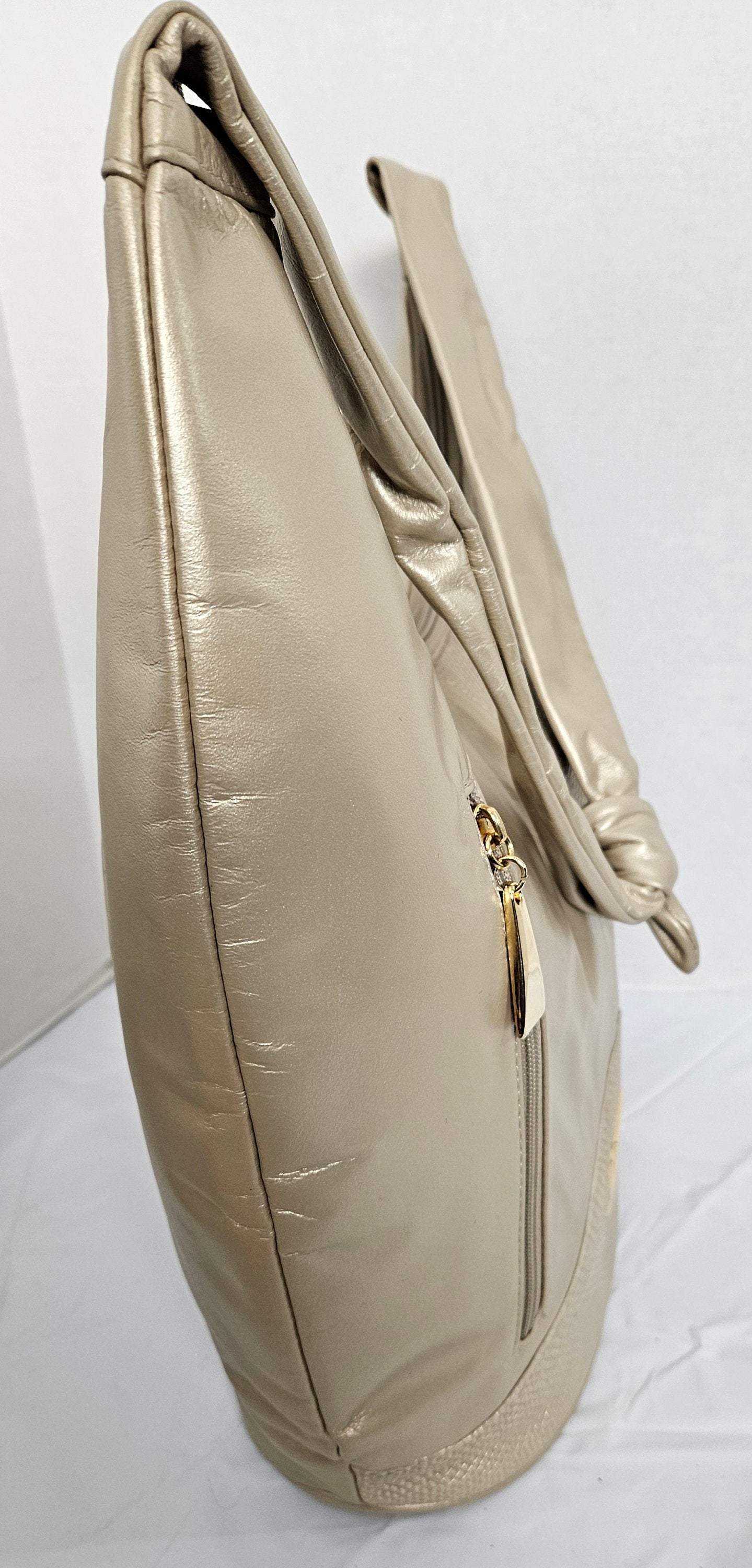 Tejrasila- Champagne with Champagne print leather on Gold metal G design Hobo genuine leather handbag!
