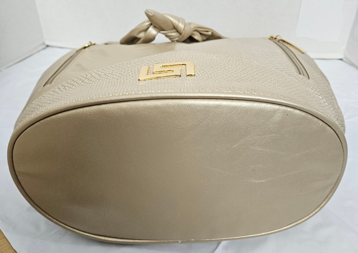 Tejrasila- Champagne with Champagne print leather on Gold metal G design Hobo genuine leather handbag!