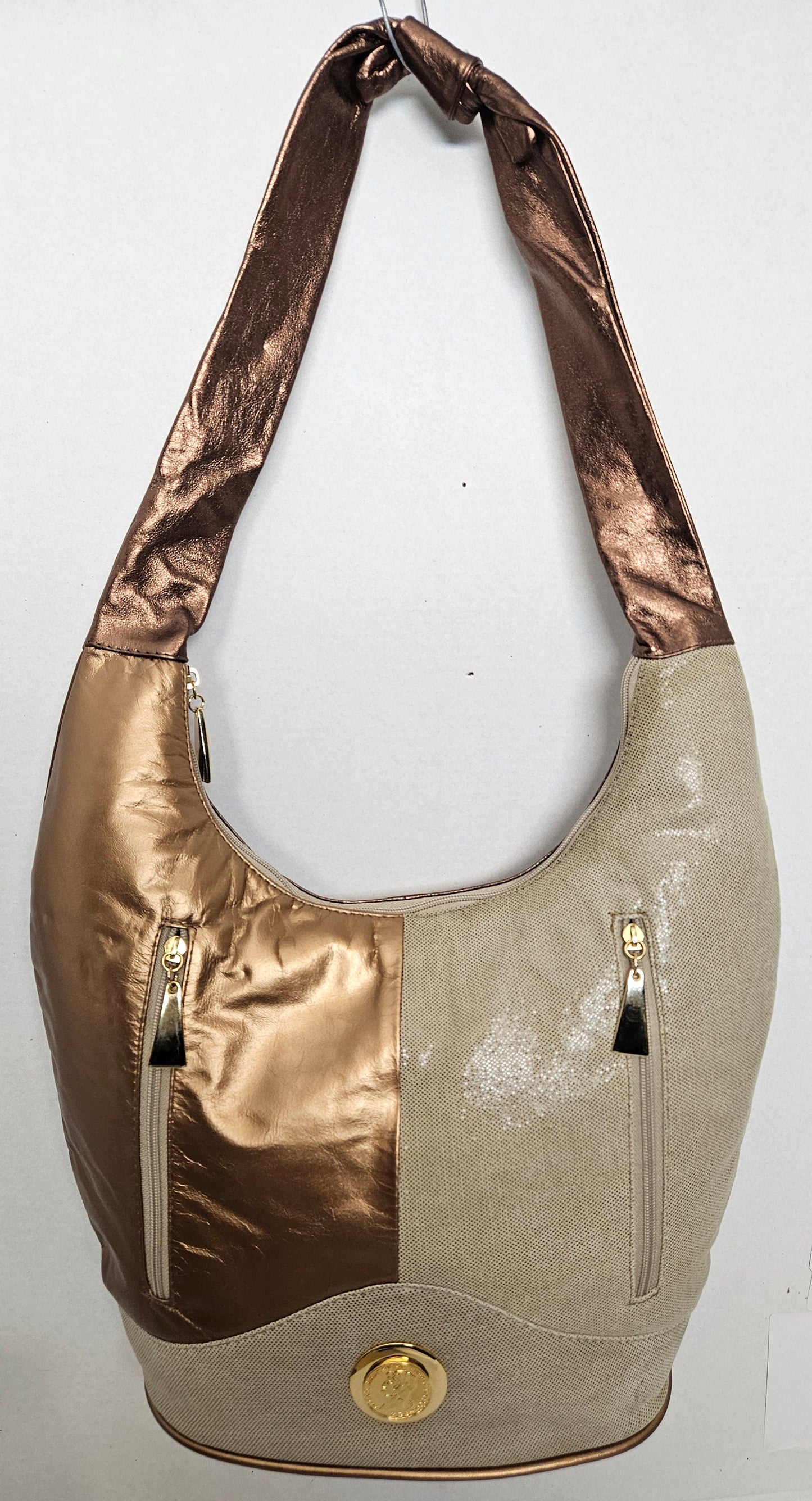 Three tone gold mate/champion print with shining Bronze genuine leather Hobo Handbag! Made in USA!